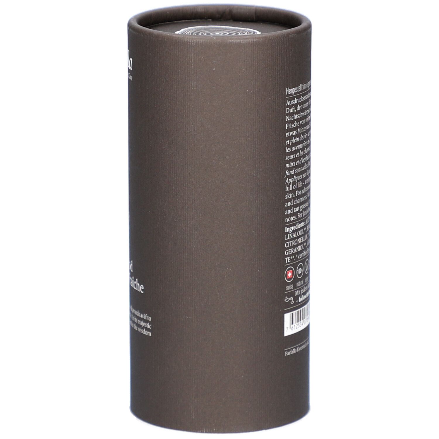 Emballage cylindrique marron. Texte en allemand. Ingrédients et logos. En bas: 100ml. Inscription: Made in Switzerland.