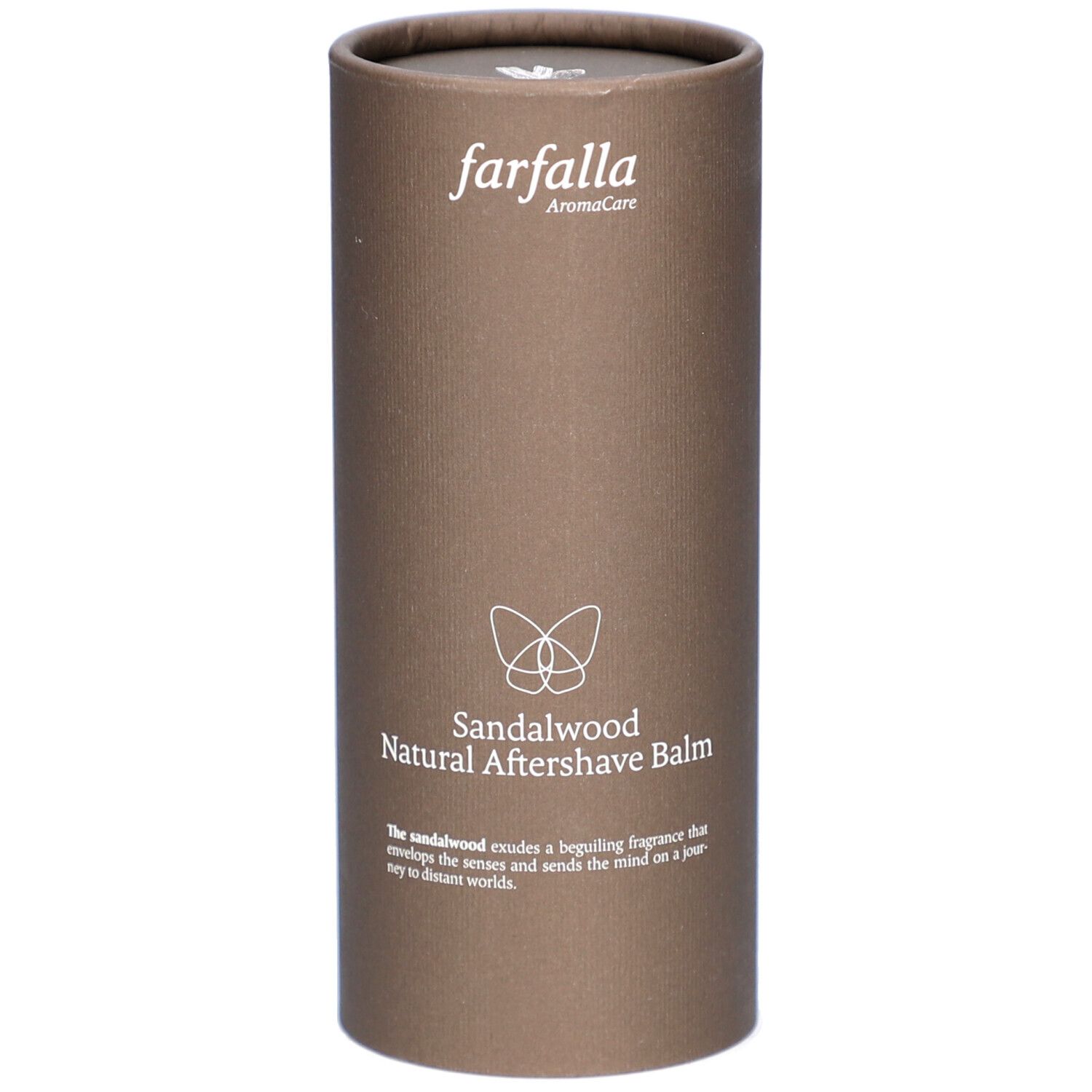 Emballage cylindrique marron. "farfalla AromaCare" en haut. En dessous, "Sandalwood Natural Aftershave Balm".