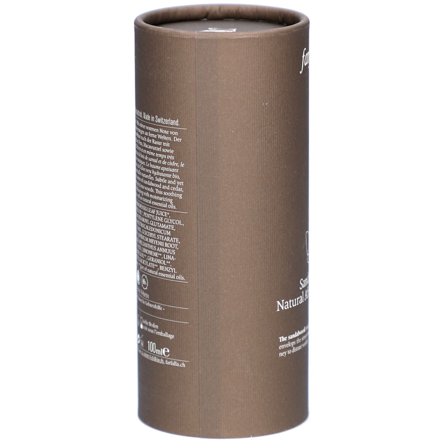Emballage cylindrique marron. Texte avec ingrédients et informations fabricant. "100ml" est visible.
