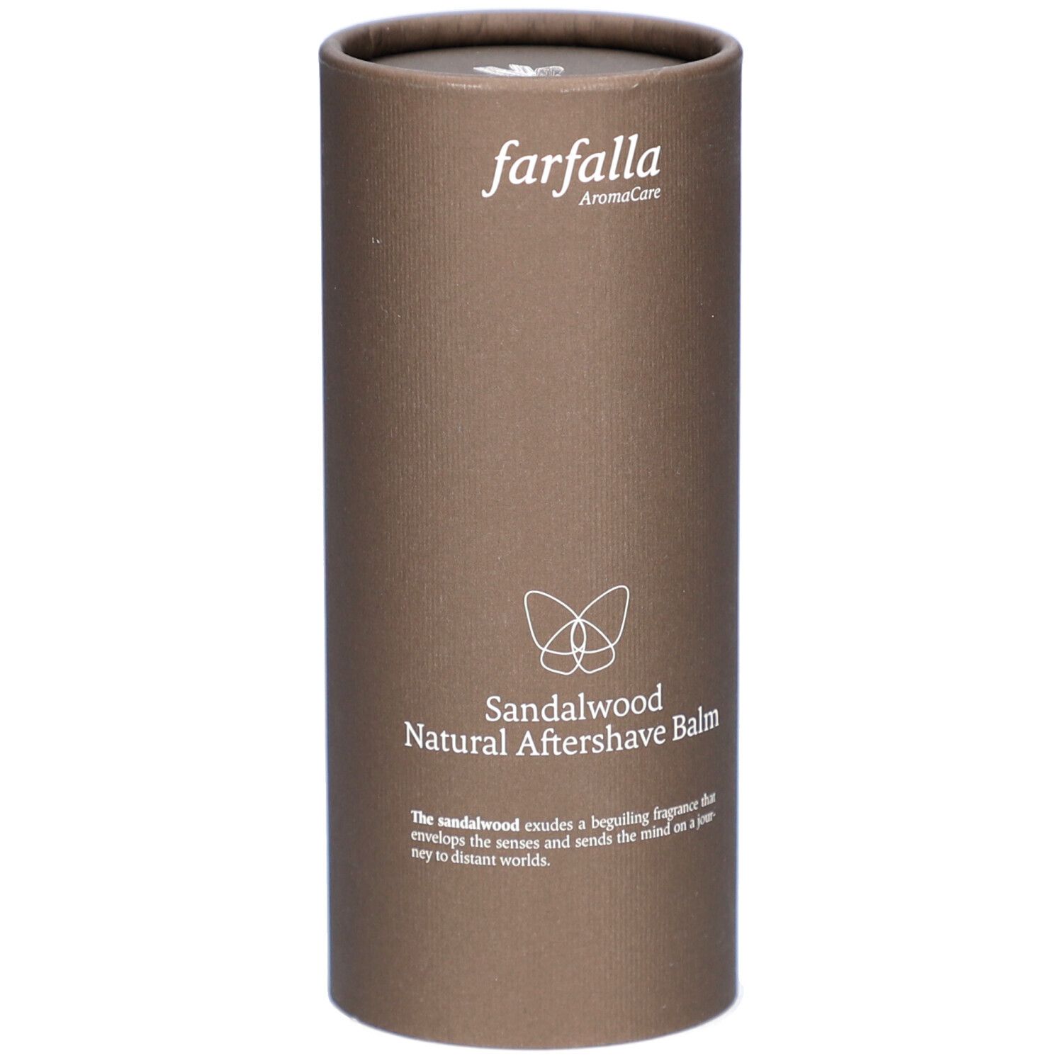Emballage cylindrique marron. "farfalla AromaCare" en haut. En dessous, "Sandalwood Natural Aftershave Balm".