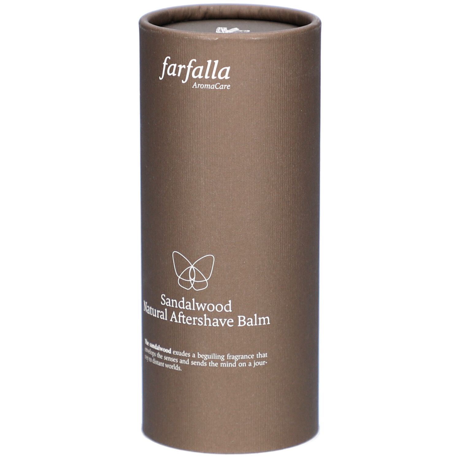Emballage cylindrique marron. "farfalla AromaCare" en haut. En dessous, "Sandalwood Natural Aftershave Balm".