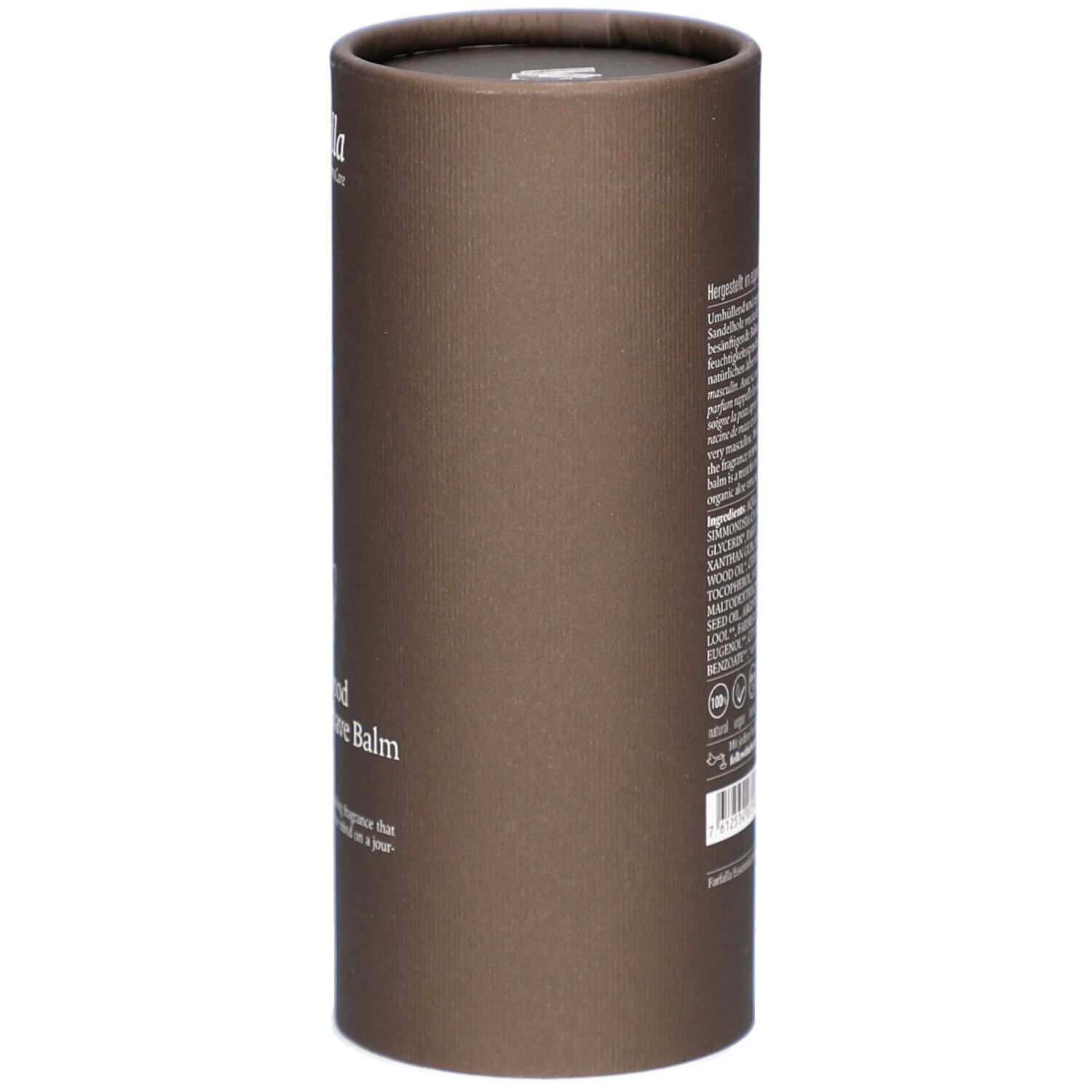 Emballage cylindrique marron. Texte avec informations fabricant et ingrédients.