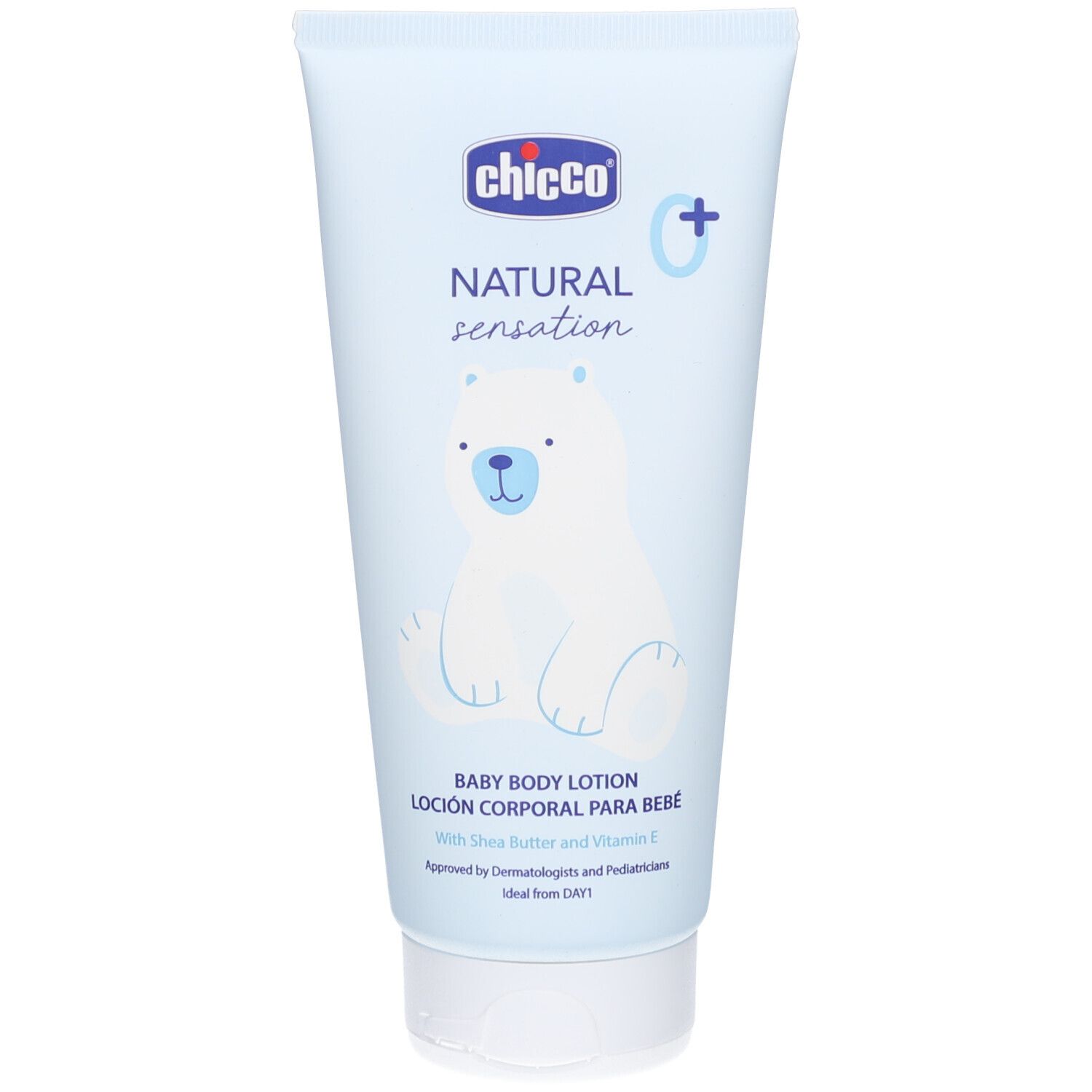 Tube bleu clair avec impression. Marque Chicco, Natural Sensation, Baby Body Lotion. Illustration d'ours polaire.