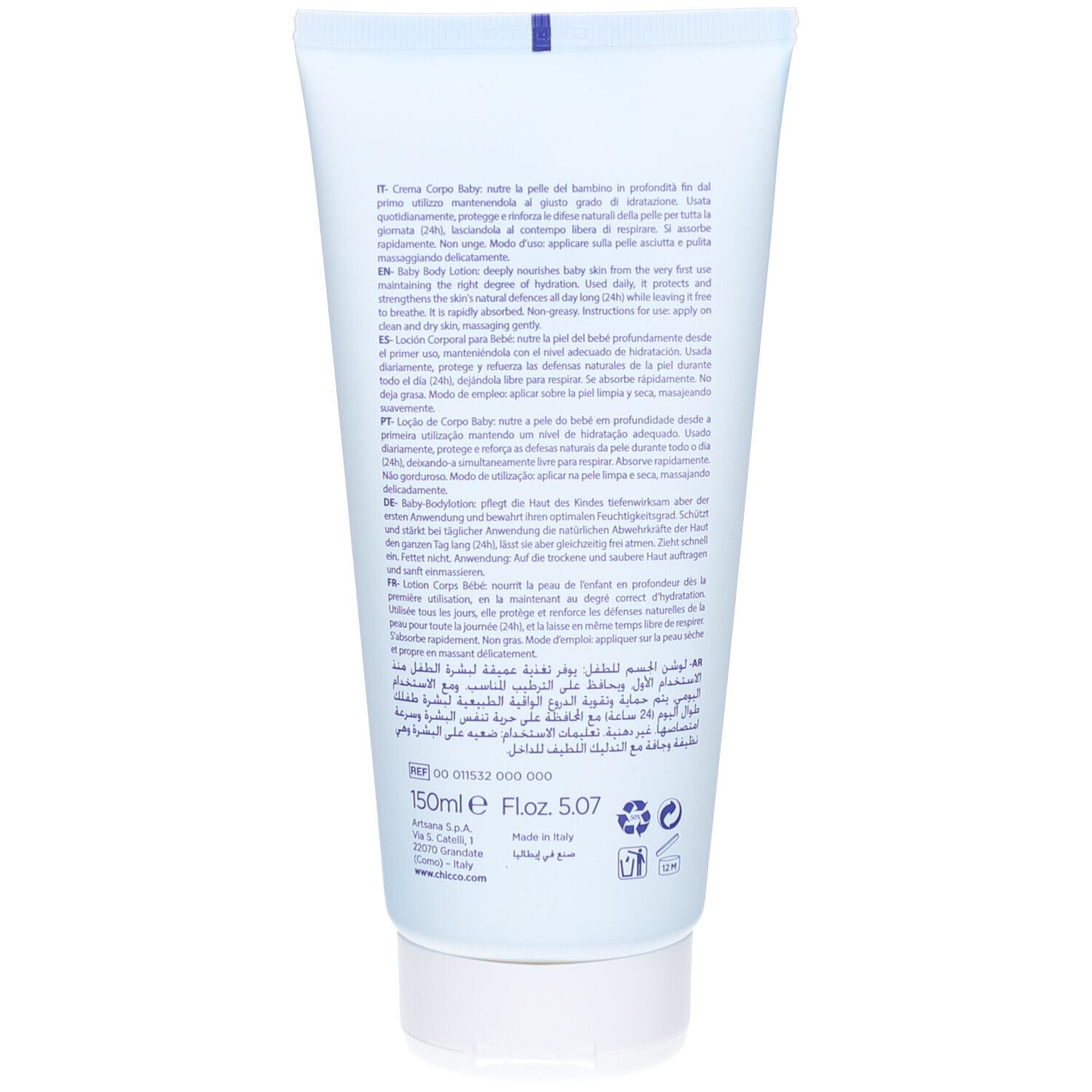 Dos du tube. Texte multilingue. Marque Chicco. Ingrédients et informations sur le produit.