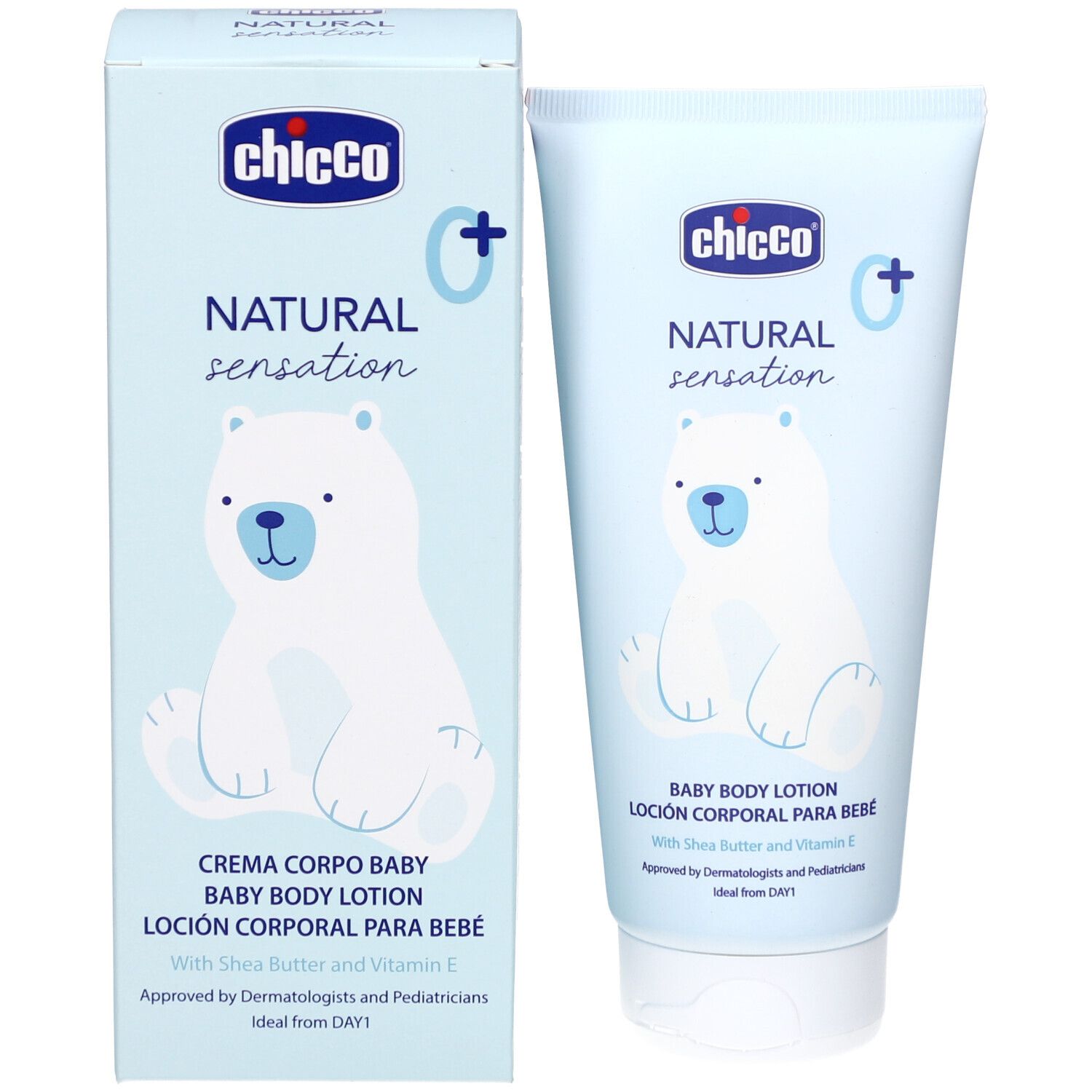 Emballage du produit. Tube et boîte. Marque Chicco, Natural Sensation, Baby Body Lotion. Illustration ours polaire.