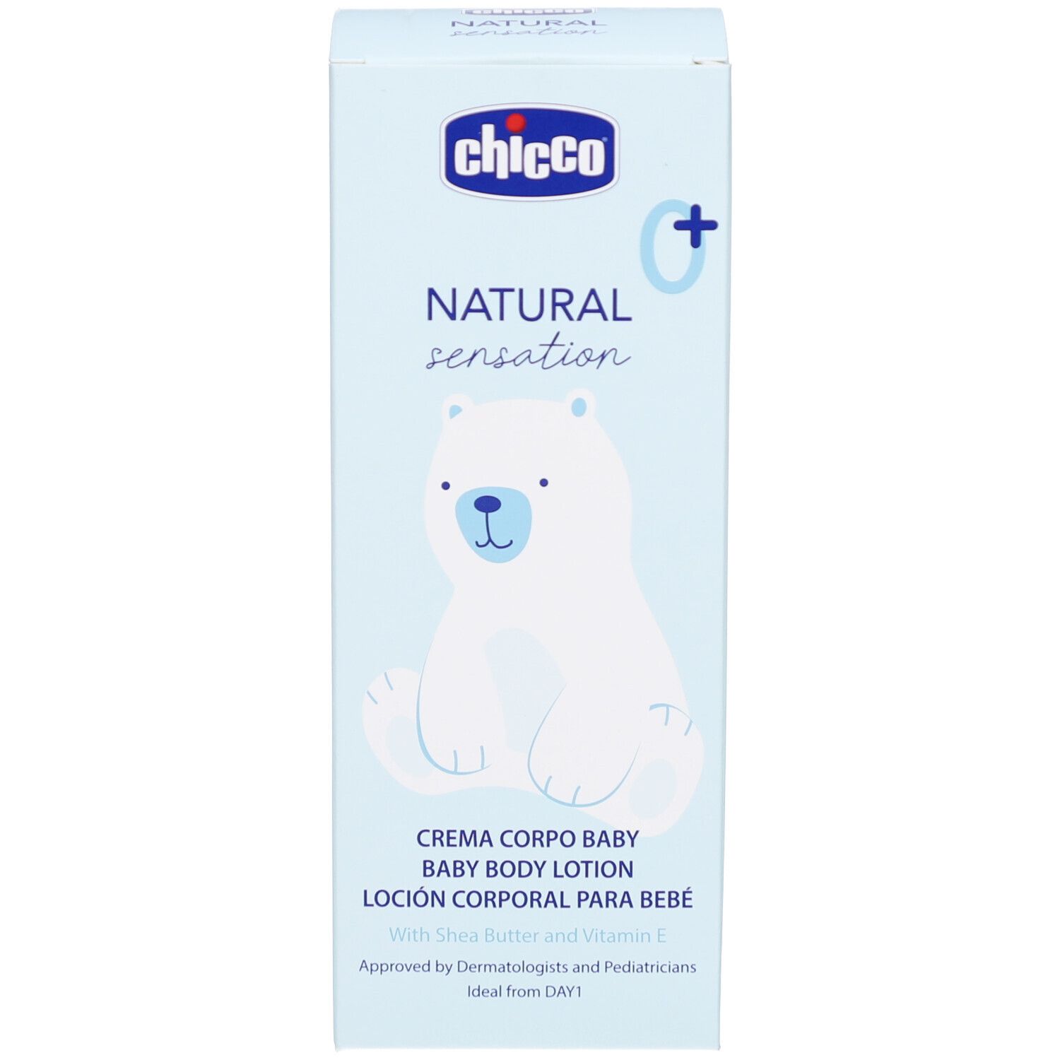 Emballage carton. Marque Chicco, Natural Sensation, Baby Body Lotion. Illustration ours polaire. Texte multilingue.