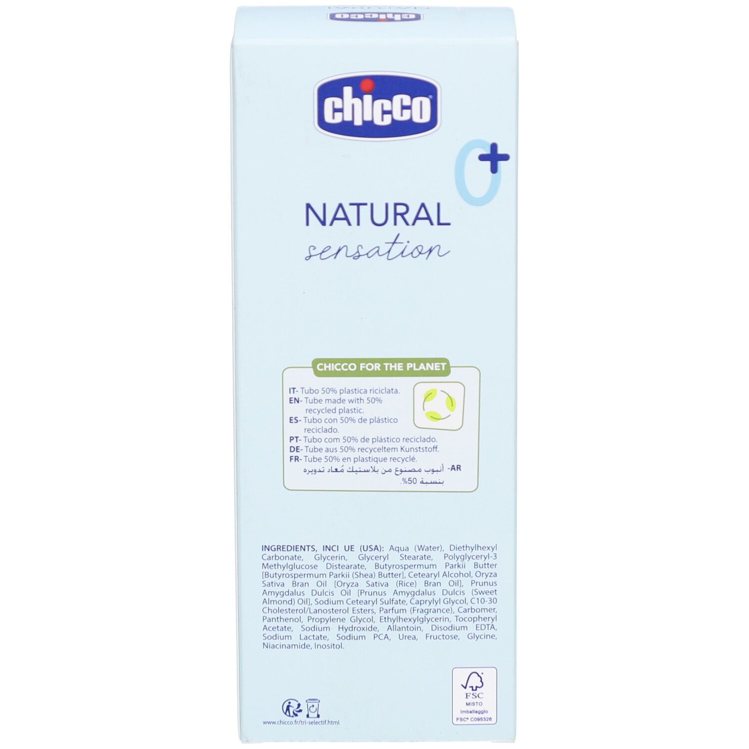 Dos de l'emballage carton. Texte multilingue. Marque Chicco. Ingrédients et informations de recyclage.