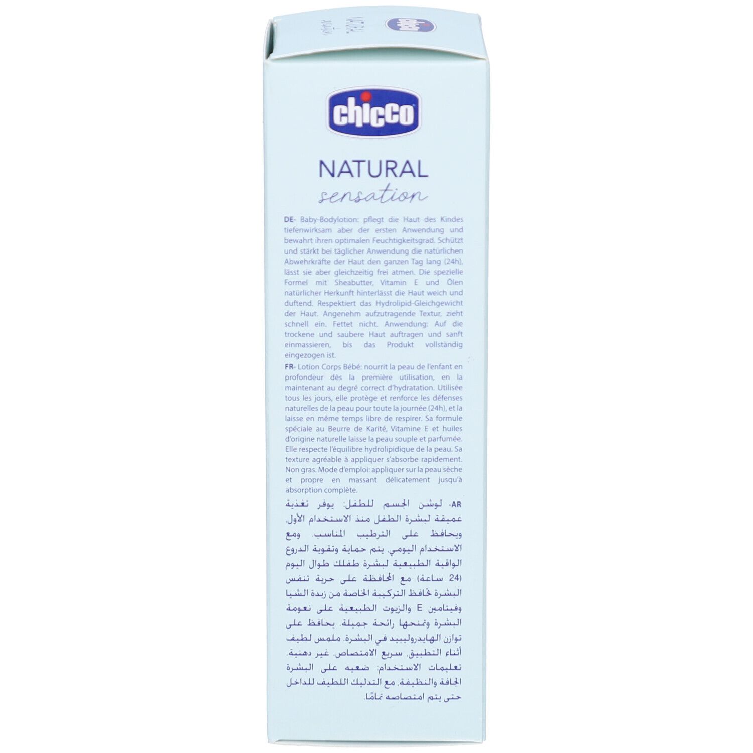 Dos de l'emballage carton. Texte multilingue. Marque Chicco. Informations sur le produit.