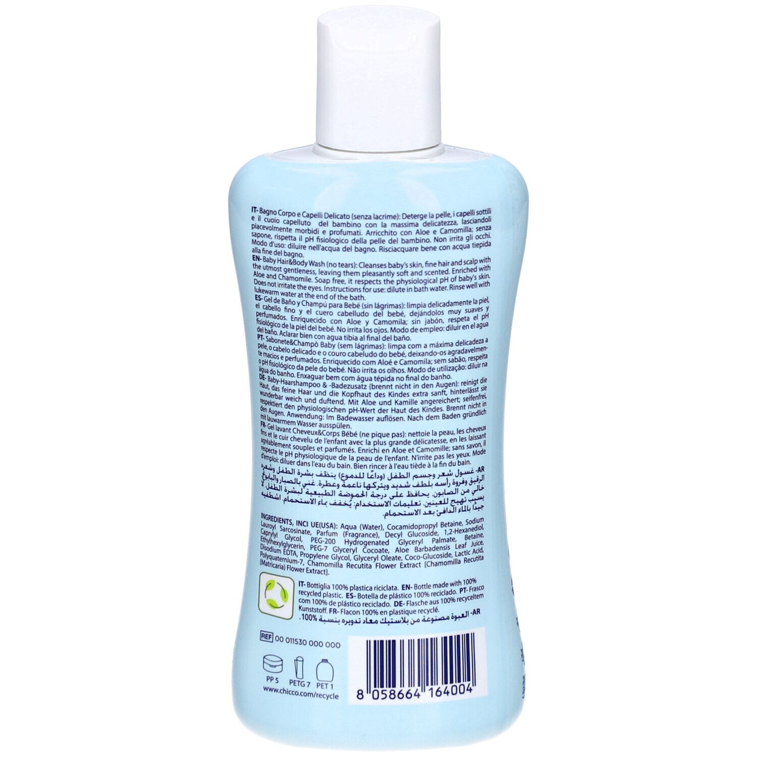 Achterkant van een lichtblauwe fles met witte dop. Meertalige tekst. Lijst van ingrediënten en recyclagesymbool.