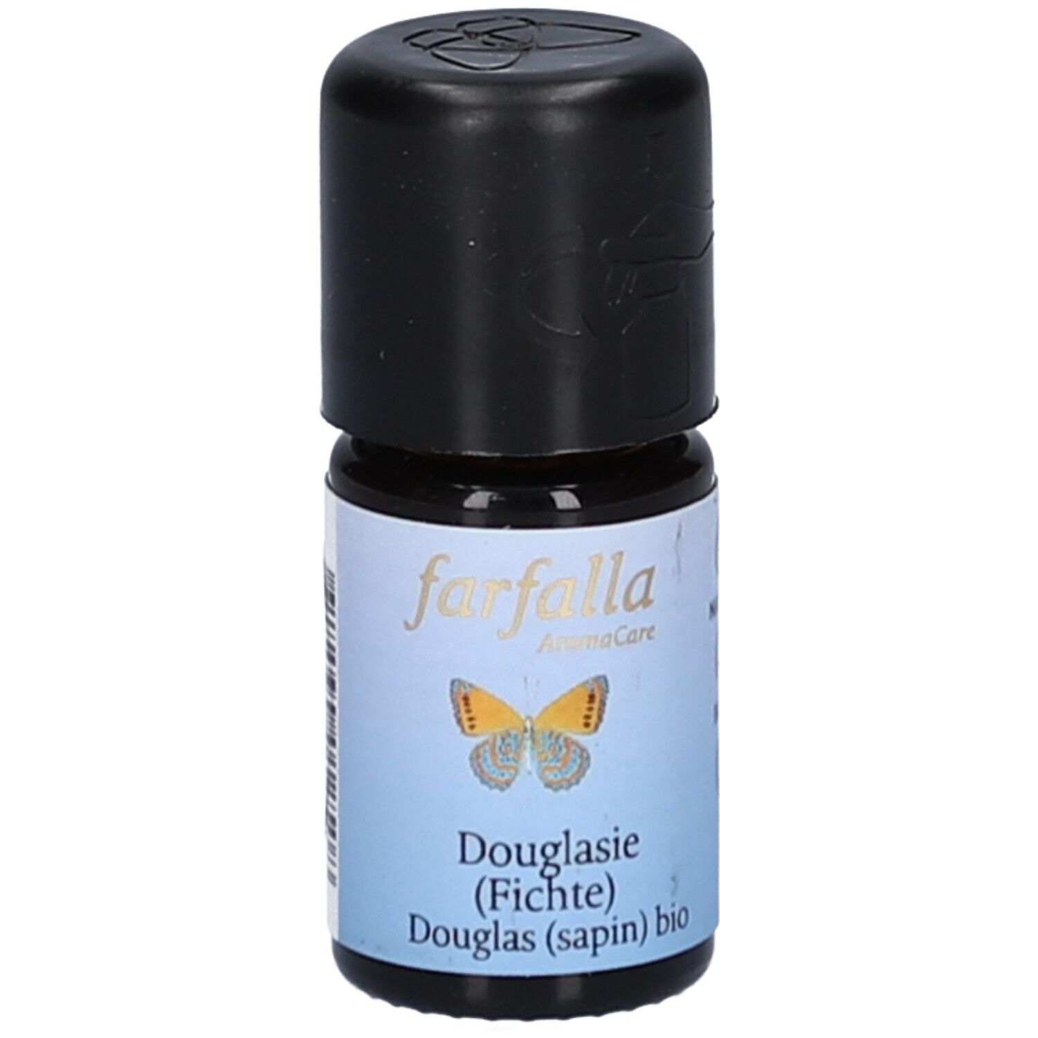 Flacon en verre brun avec bouchon noir. Étiquette avec papillon et texte 'farfalla Douglasie (Fichte) bio'.