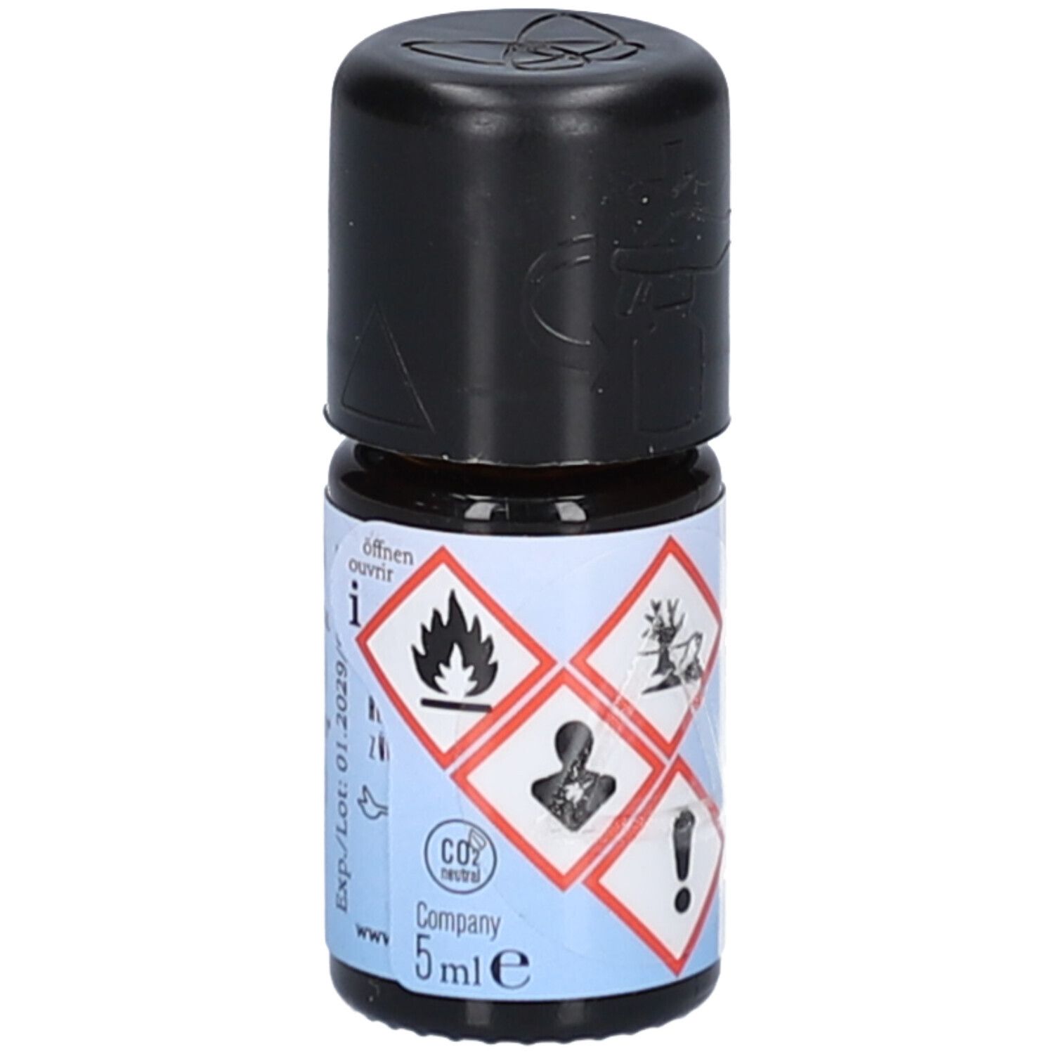 Flacon en verre brun avec bouchon noir. Étiquette avec symboles de danger et '5 ml e'. Texte 'farfalla'.