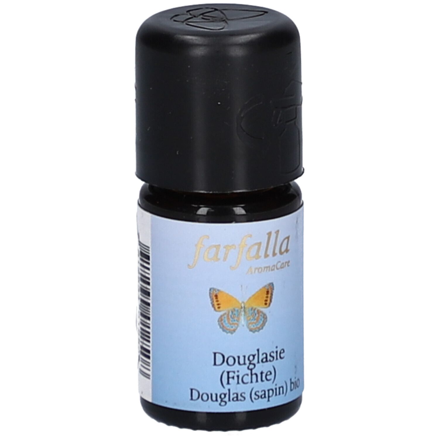 Flacon en verre brun avec bouchon noir. Étiquette avec papillon et texte 'farfalla Douglasie (Fichte) bio'.