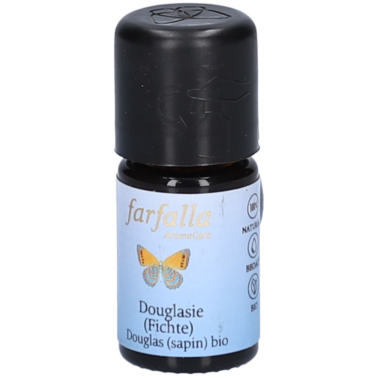 Flacon en verre brun avec bouchon noir. Étiquette avec papillon, '100% Natural' et texte 'farfalla Douglasie (Fichte) bio'.