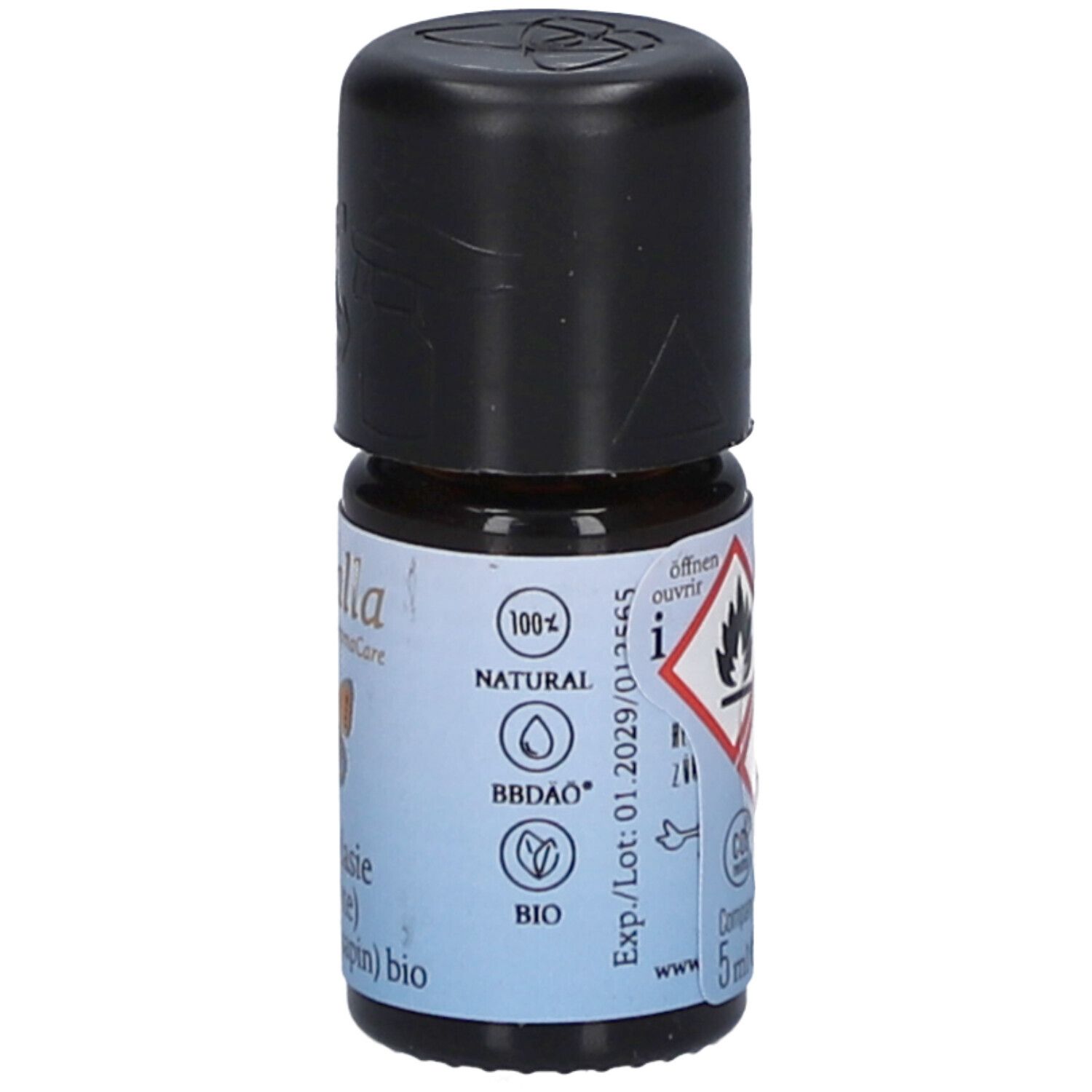 Flacon en verre brun avec bouchon noir. Étiquette avec symboles, '100% Natural' et texte 'farfalla Douglasie (Fichte) bio'.