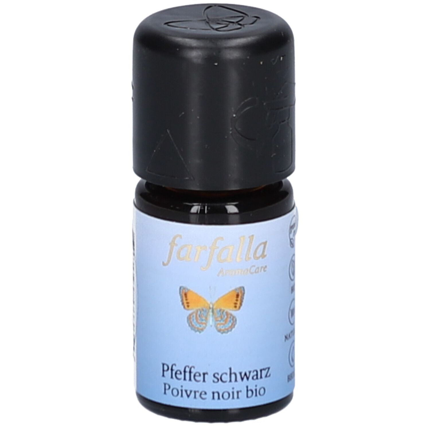 Petite bouteille en verre brun avec bouchon noir. Inscription: farfalla, Pfeffer schwarz, Poivre noir bio. Image d'un papillon.