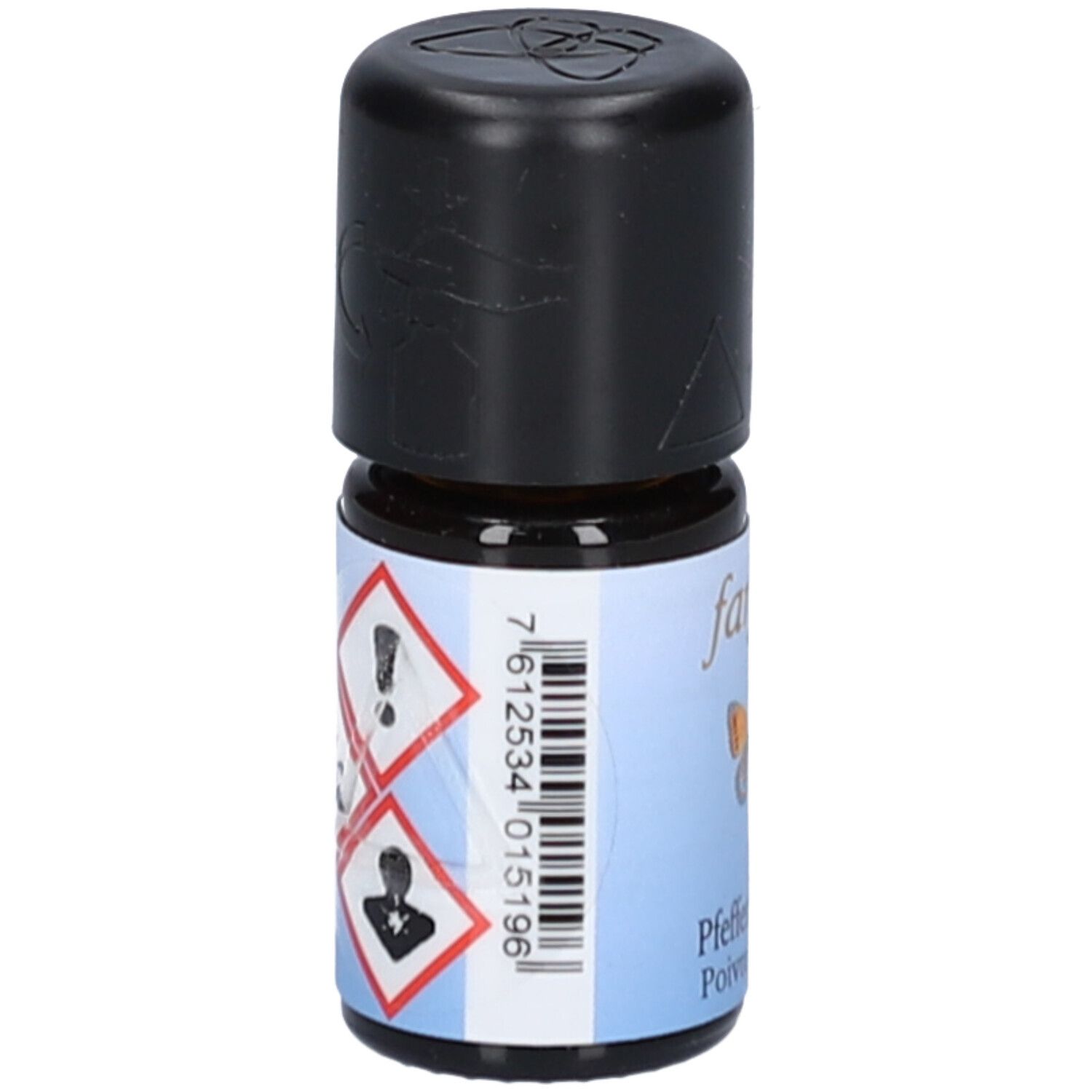 Bouteille en verre brun avec bouchon noir. Autocollant avec symboles d'avertissement et code-barres. Inscription: farfalla, Pfeffer schwarz, Poivre noir bio.