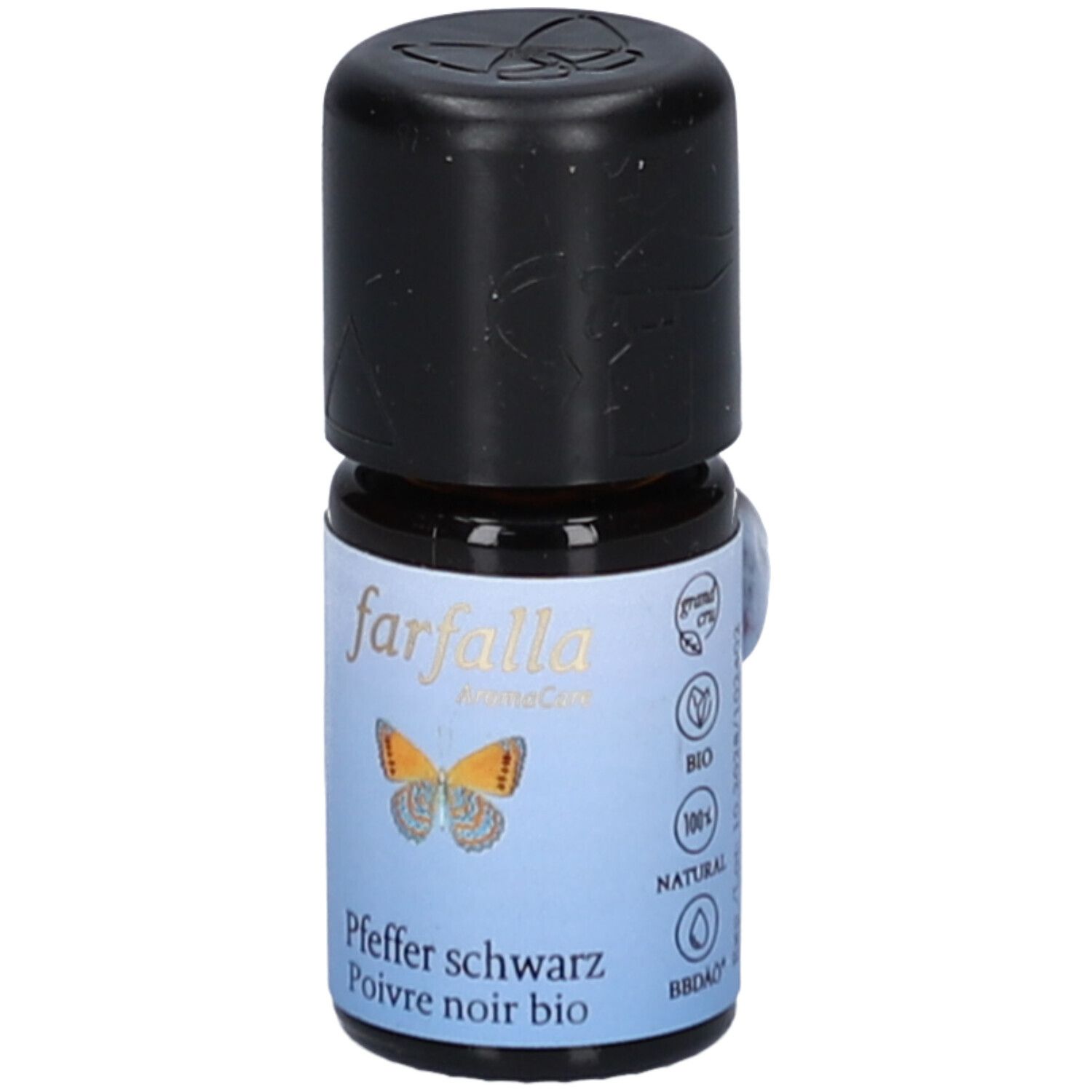 Bouteille en verre brun avec bouchon noir. Autocollant avec papillon, texte: farfalla, Pfeffer schwarz, Poivre noir bio. Label bio.