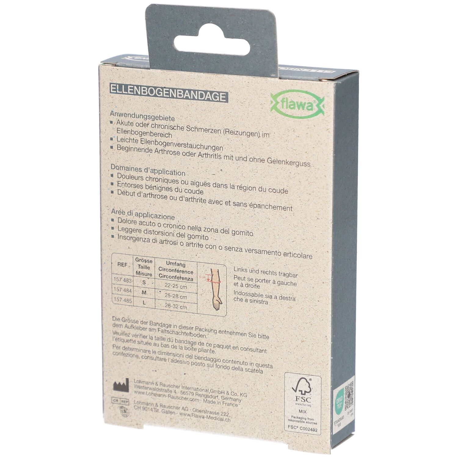 Dos de l'emballage de l'attelle de coude. Texte: Application, informations de taille, informations du fabricant. Marque flawa®.