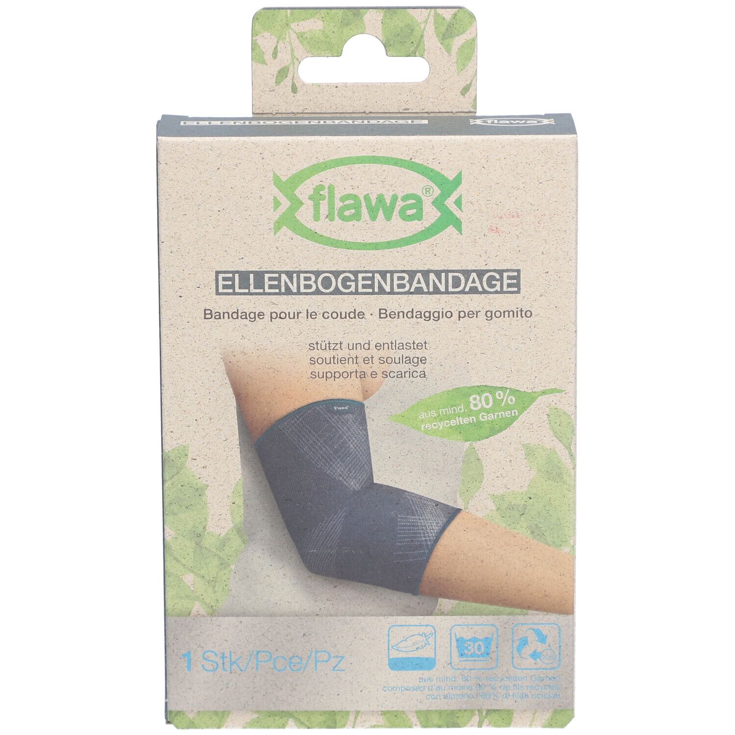 Emballage de l'attelle de coude flawa®. Texte: Ellenbogenbandage, Bandage pour le coude, Bendaggio per gomito. Illustration d'un bras avec attelle.