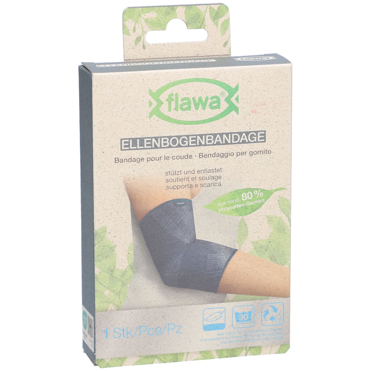 Emballage de l'attelle de coude flawa®. Texte: Ellenbogenbandage, Bandage pour le coude, Bendaggio per gomito. Illustration d'un bras avec attelle.