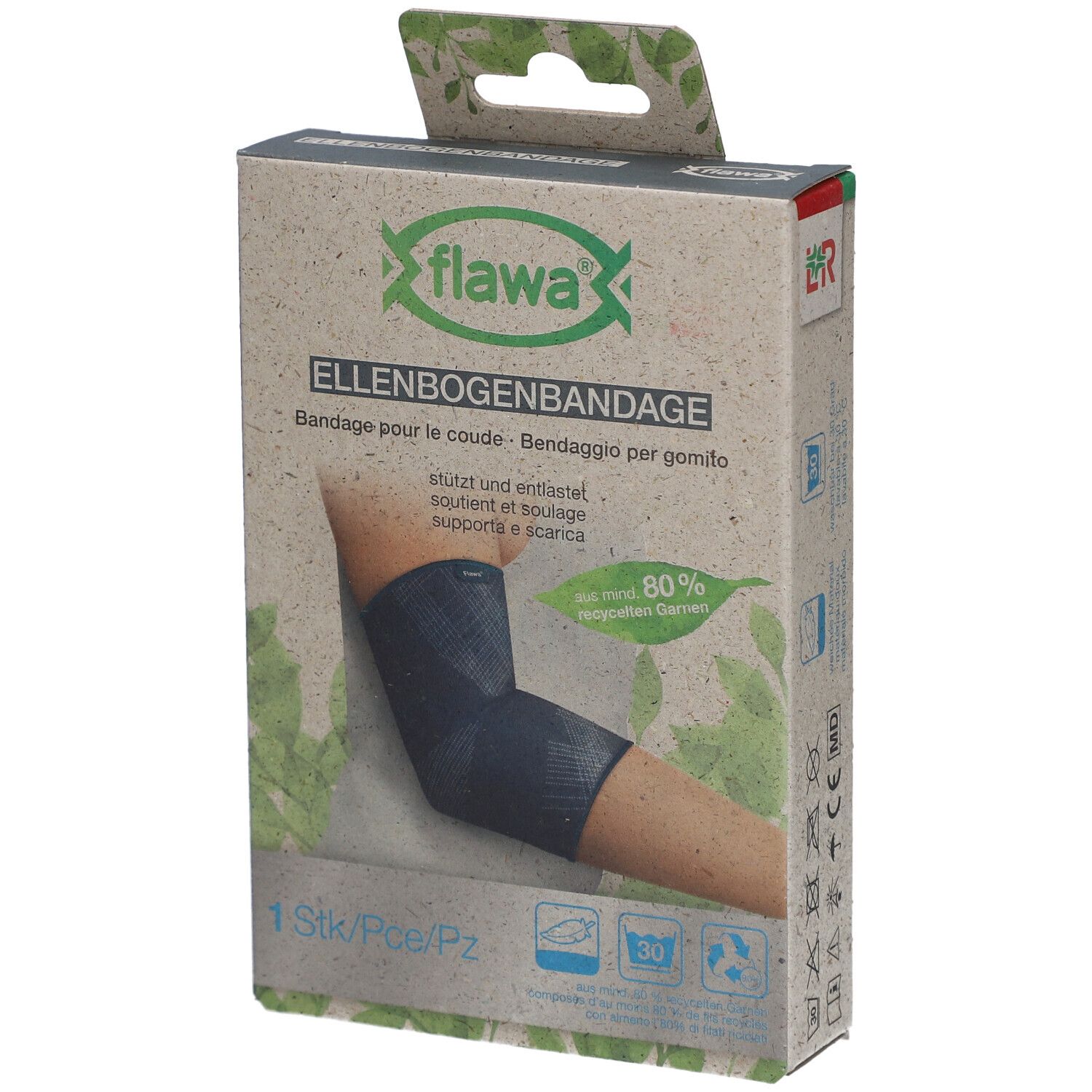 flawa® elleboogbandage in verpakking, maat L. Opschrift: Bandage, 1 stuk, 80% gerecycled garen.