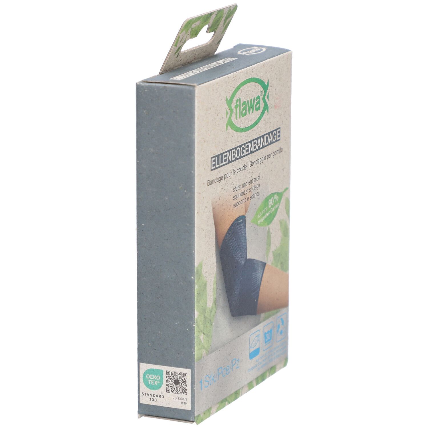 Verpakking van de flawa® elleboogbandage. Zijkant met logo, tekst en afbeeldingen. Oeko-Tex Standard 100.