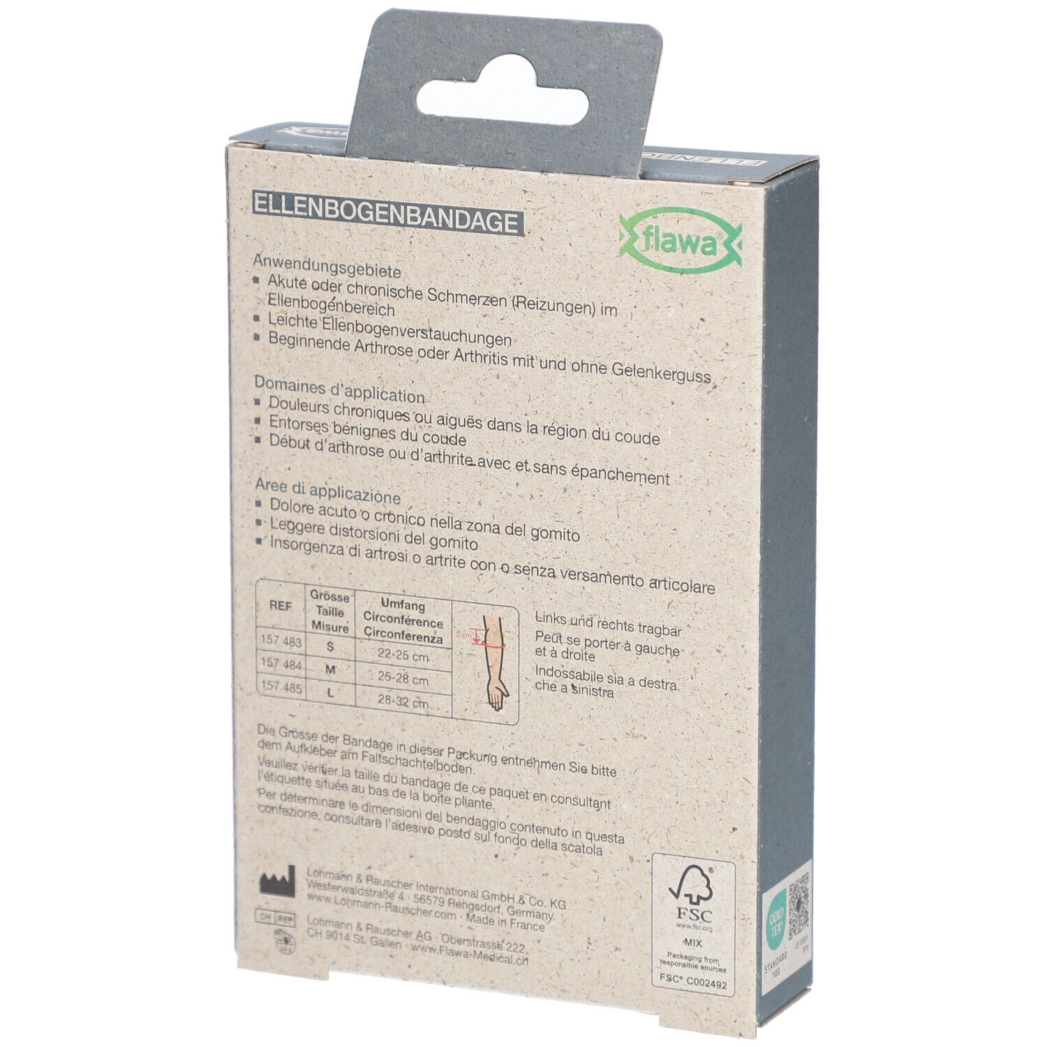 Achterkant van de verpakking van de elleboogbandage. Tekst over toepassingsgebieden en maten. Merk flawa®.