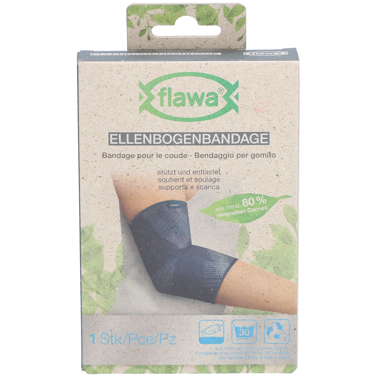flawa® elleboogbandage in verpakking, maat L. Opschrift: Bandage, 1 stuk, 80% gerecycled garen.