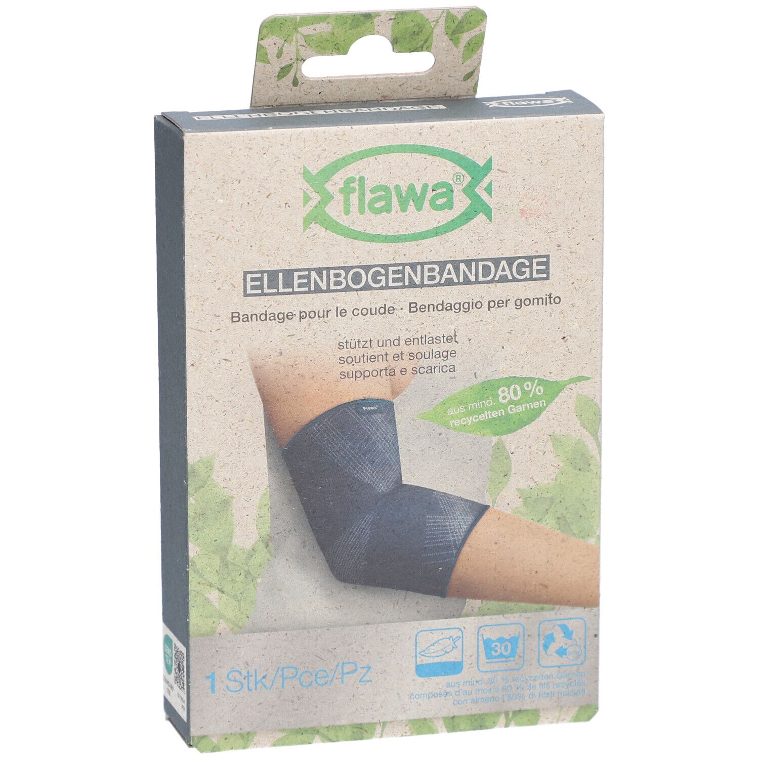 flawa® elleboogbandage in verpakking, maat L. Opschrift: Bandage, 1 stuk, 80% gerecycled garen.