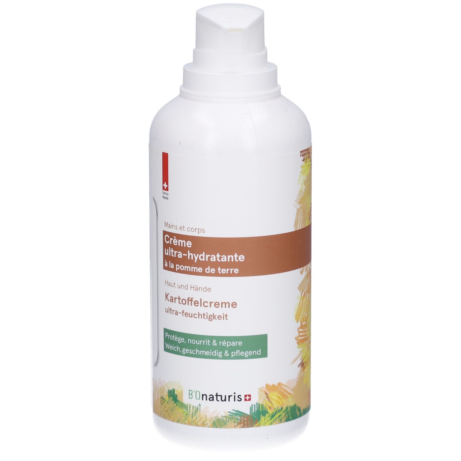 Witte fles met pomp. Opschrift: Crème ultra-hydratante à la pomme de terre. B'ONaturis logo.