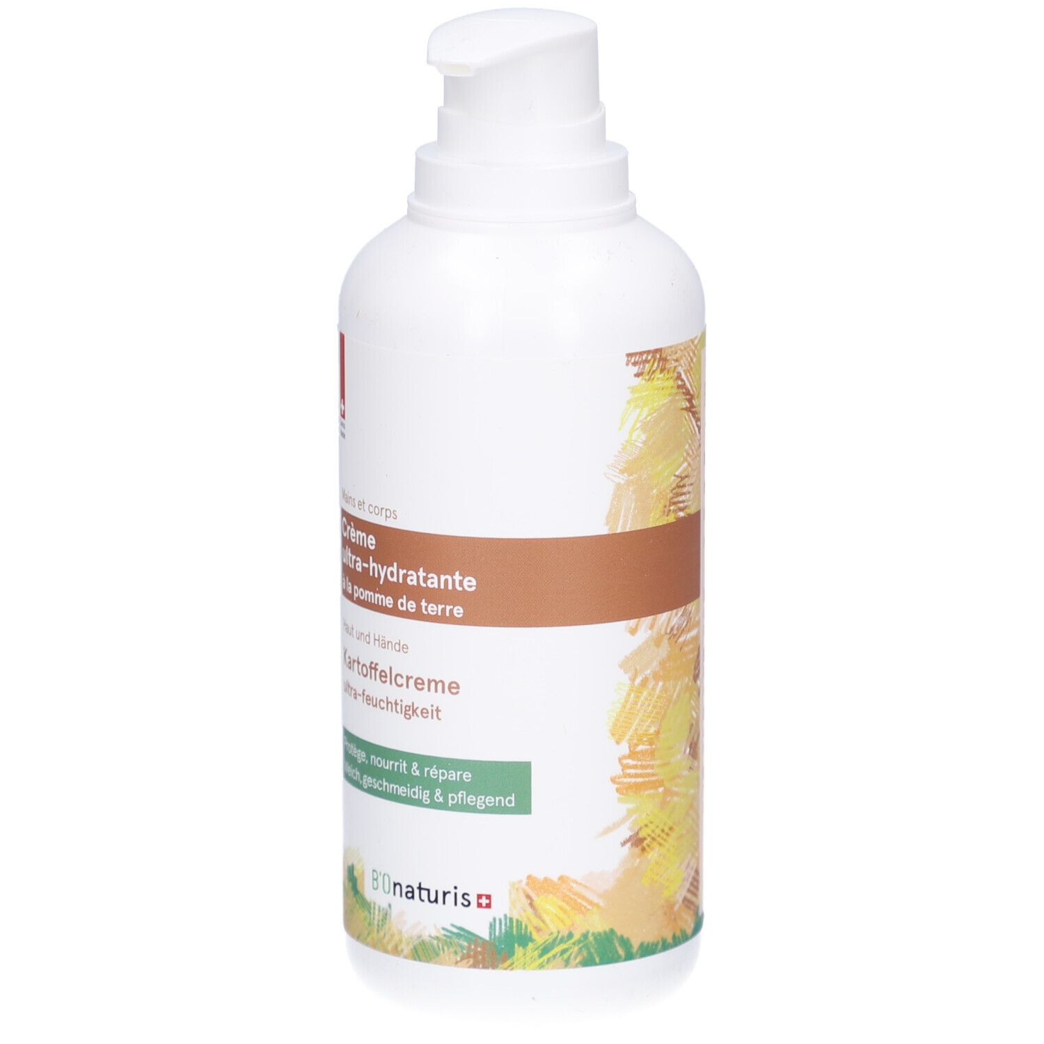 Witte fles met pomp. Opschrift: Crème ultra-hydratante à la pomme de terre. B'ONaturis logo.