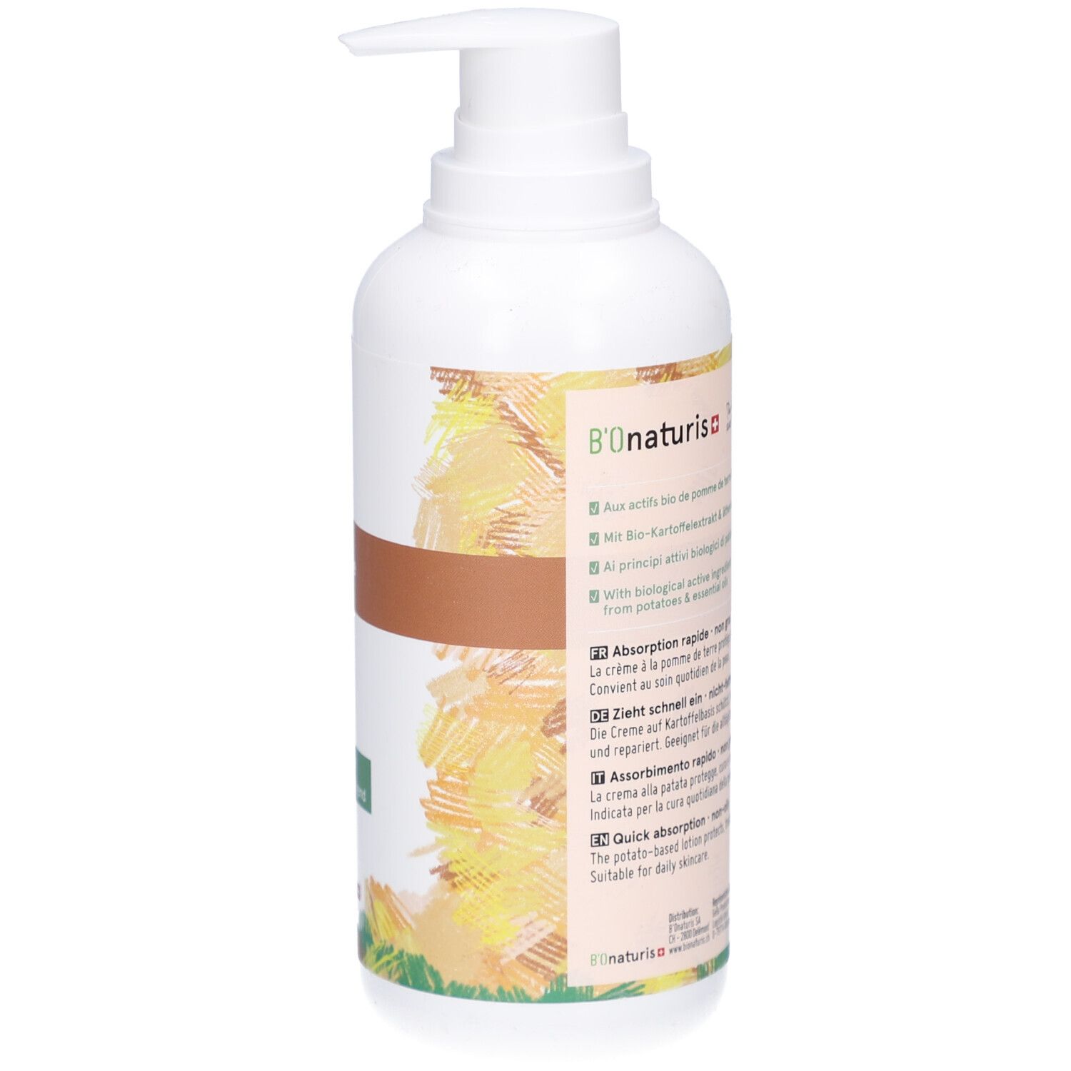 Witte fles met pomp. Opschrift: Crème ultra-hydratante à la pomme de terre. Tekst over ingrediënten.