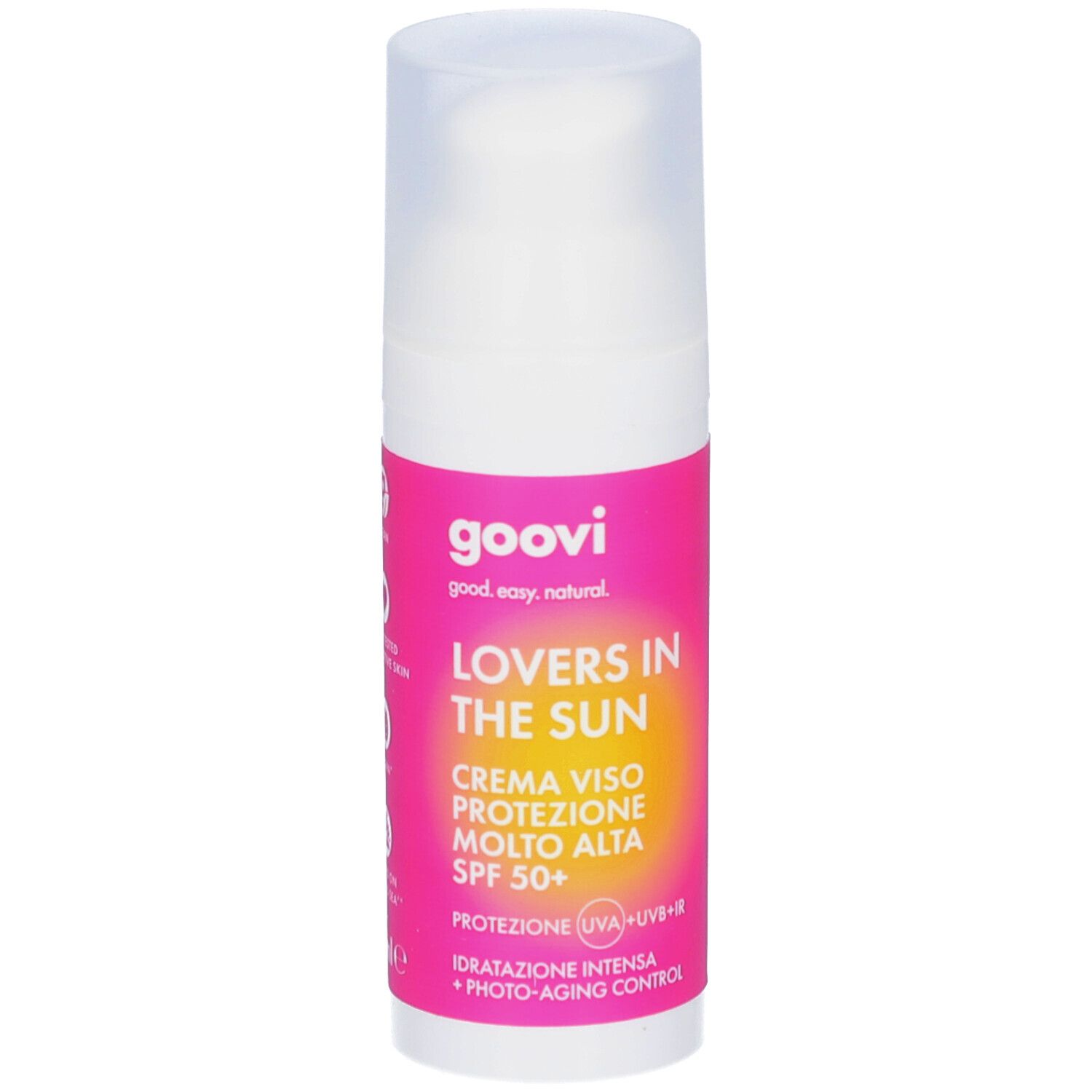 Witte fles met roze etiket. Opschrift: GOOVI, Lovers in the Sun, Crème Viso Protezione Molto Alta SPF 50+. UV-bescherming.