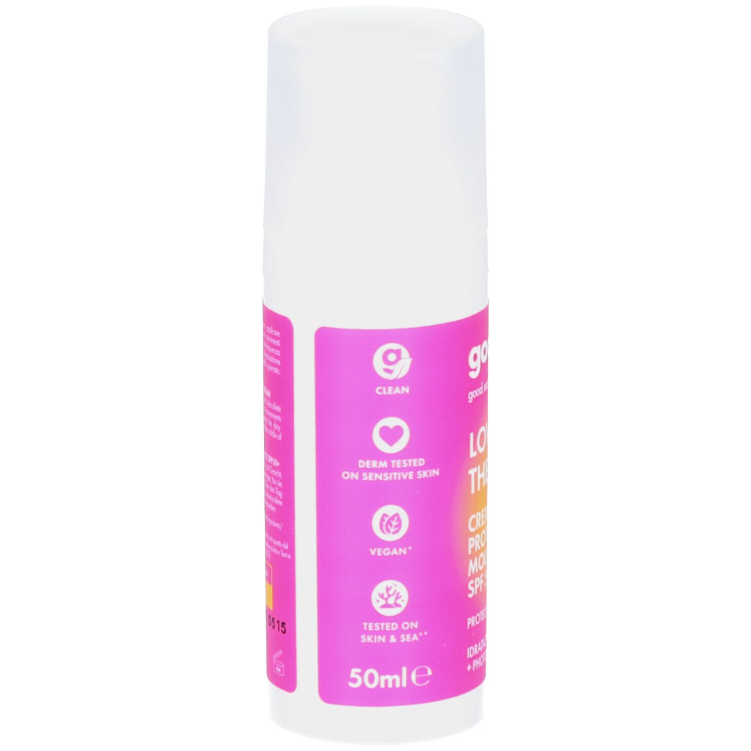 Witte fles met roze etiket. Opschrift: GOOVI, Lovers in the Sun, Crème Viso Protezione Molto Alta SPF 50+. Vegan, dermatologisch getest.