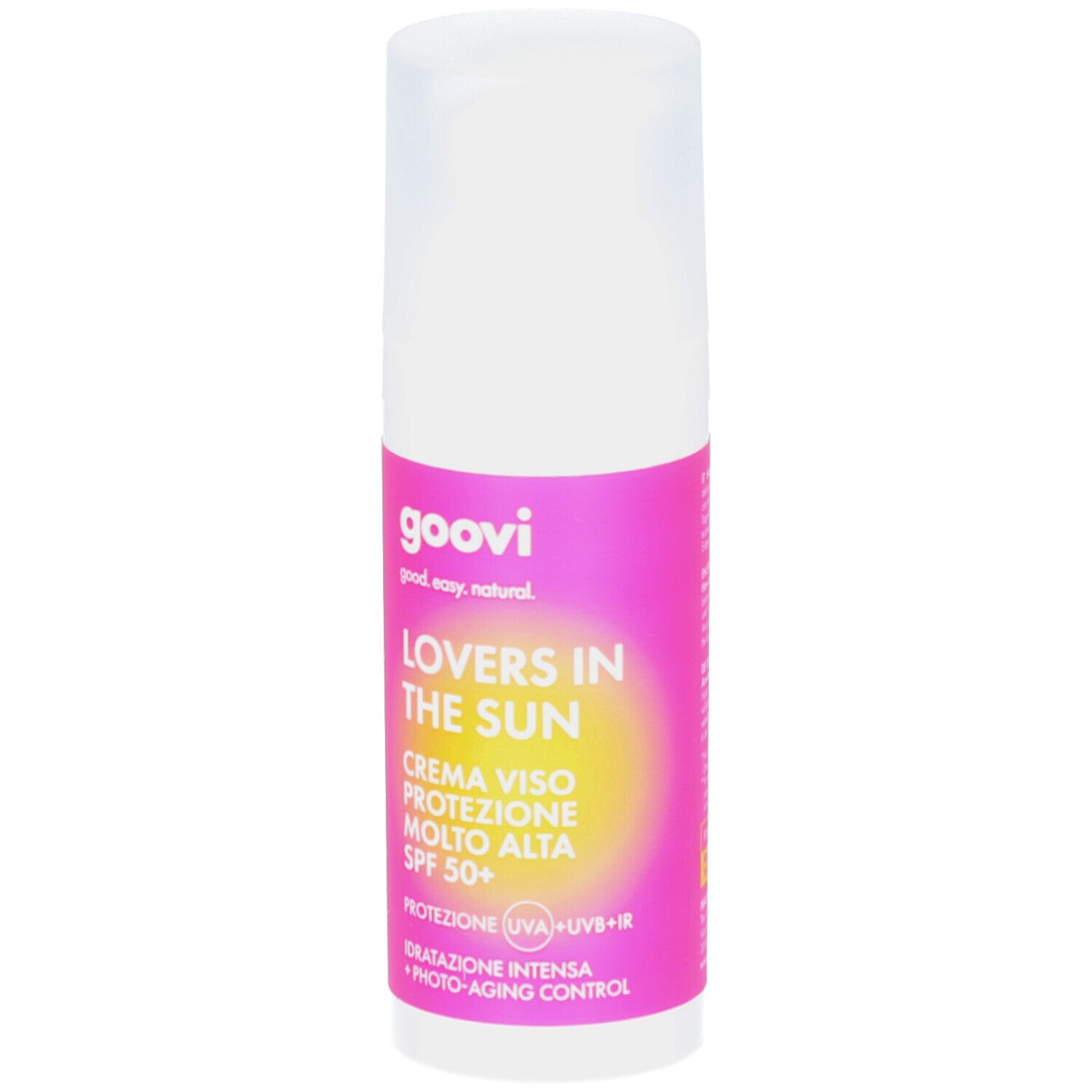 Witte fles met roze etiket. Opschrift: GOOVI, Lovers in the Sun, Crème Viso Protezione Molto Alta SPF 50+. UV-bescherming.