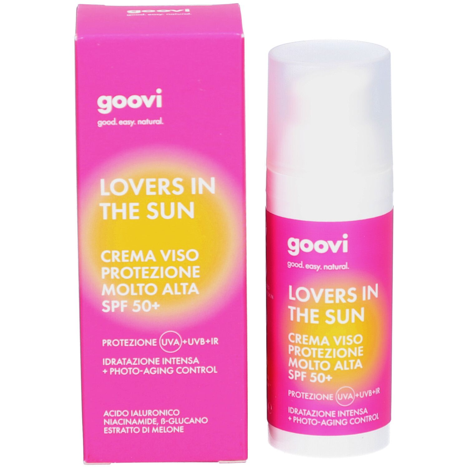 Roze doos en witte fles. Opschrift: GOOVI, Lovers in the Sun, Crème Viso Protezione Molto Alta SPF 50+. UV-bescherming.