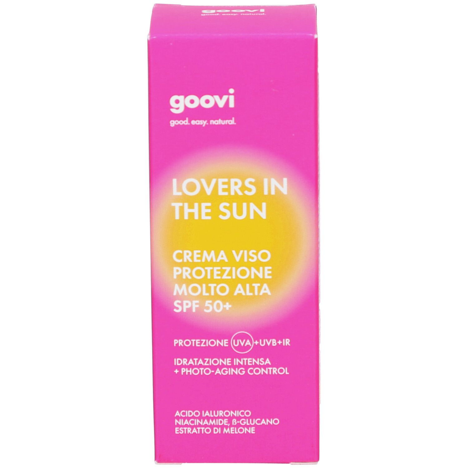 Roze doos. Opschrift: GOOVI, Lovers in the Sun, Crème Viso Protezione Molto Alta SPF 50+. UV-bescherming. Ingrediënten.