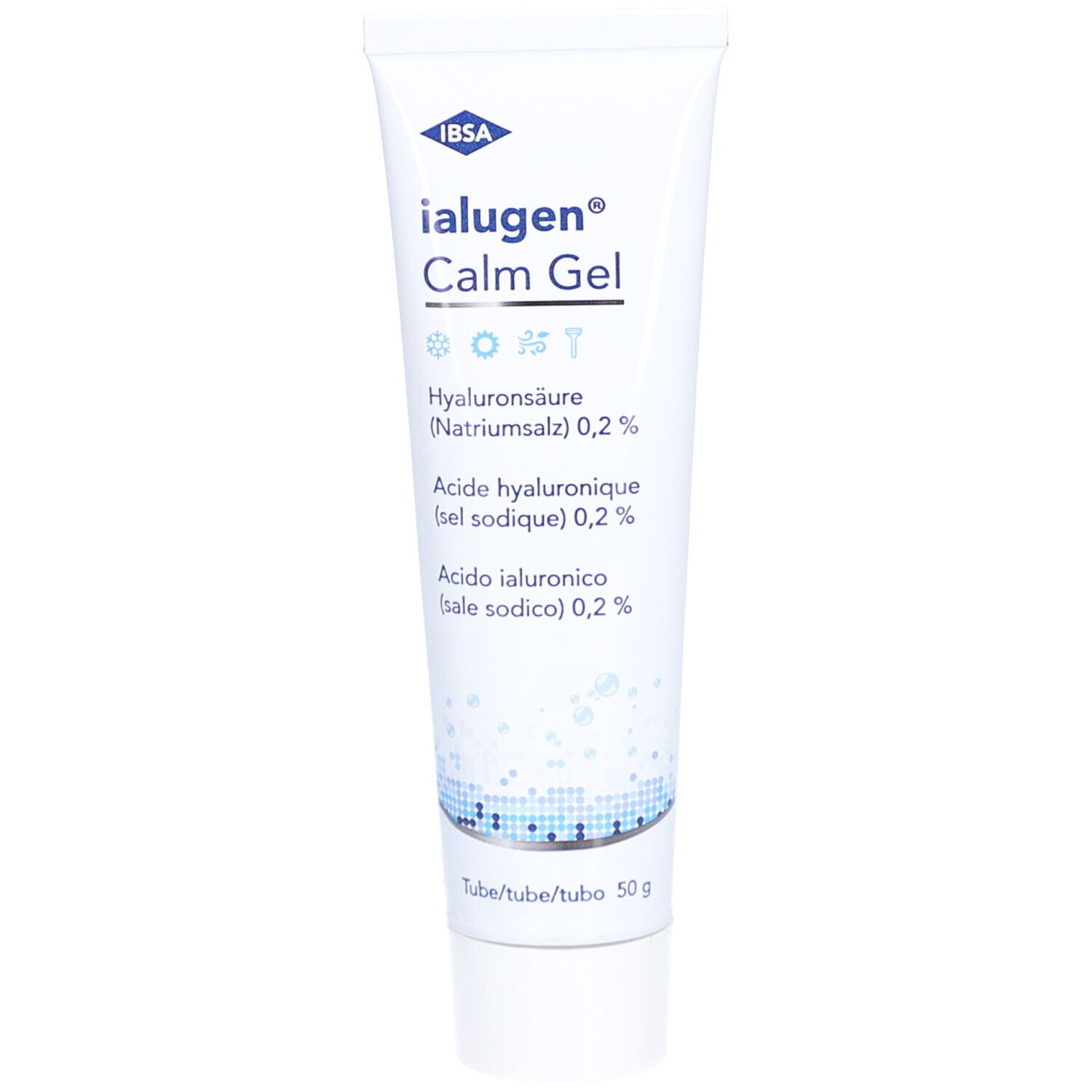 Tube de gel Ialugen Calm. Contient de l'acide hyaluronique. 50g. Blanc avec texte bleu. Logo IBSA.