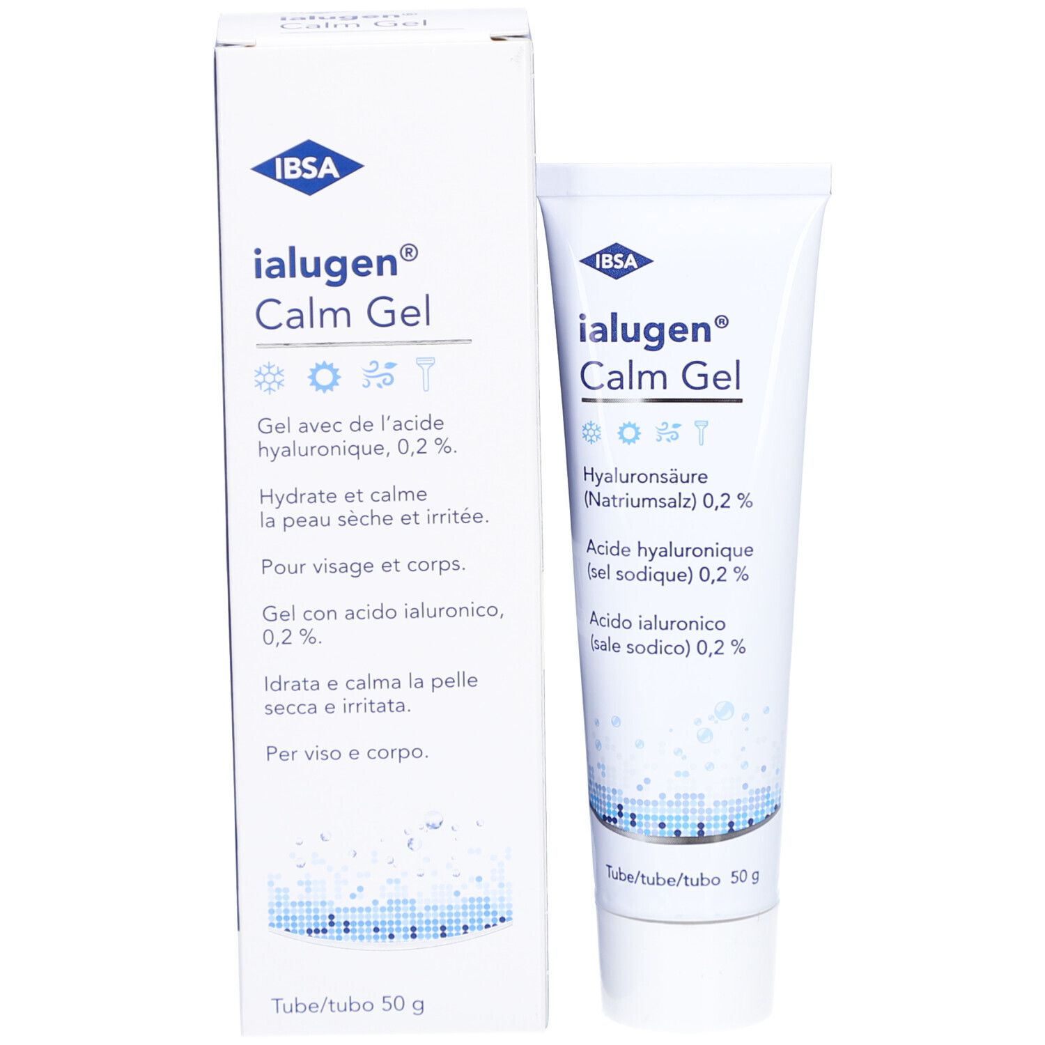 Tube et emballage Ialugen Calm Gel. Blanc et bleu. Contient de l'acide hyaluronique. 50g. Logo IBSA.