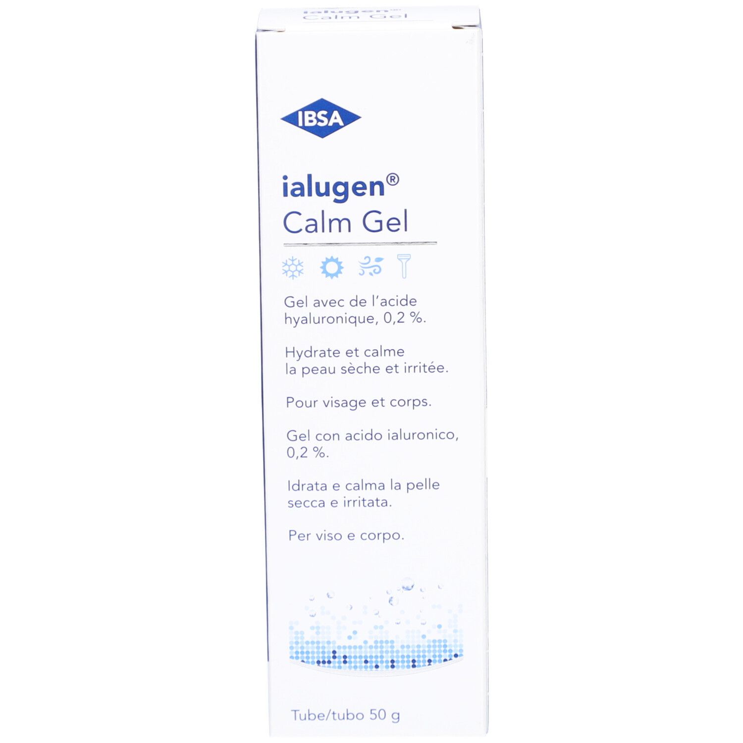 Emballage Ialugen Calm Gel. Blanc et bleu. Contient de l'acide hyaluronique. 50g. Logo IBSA.