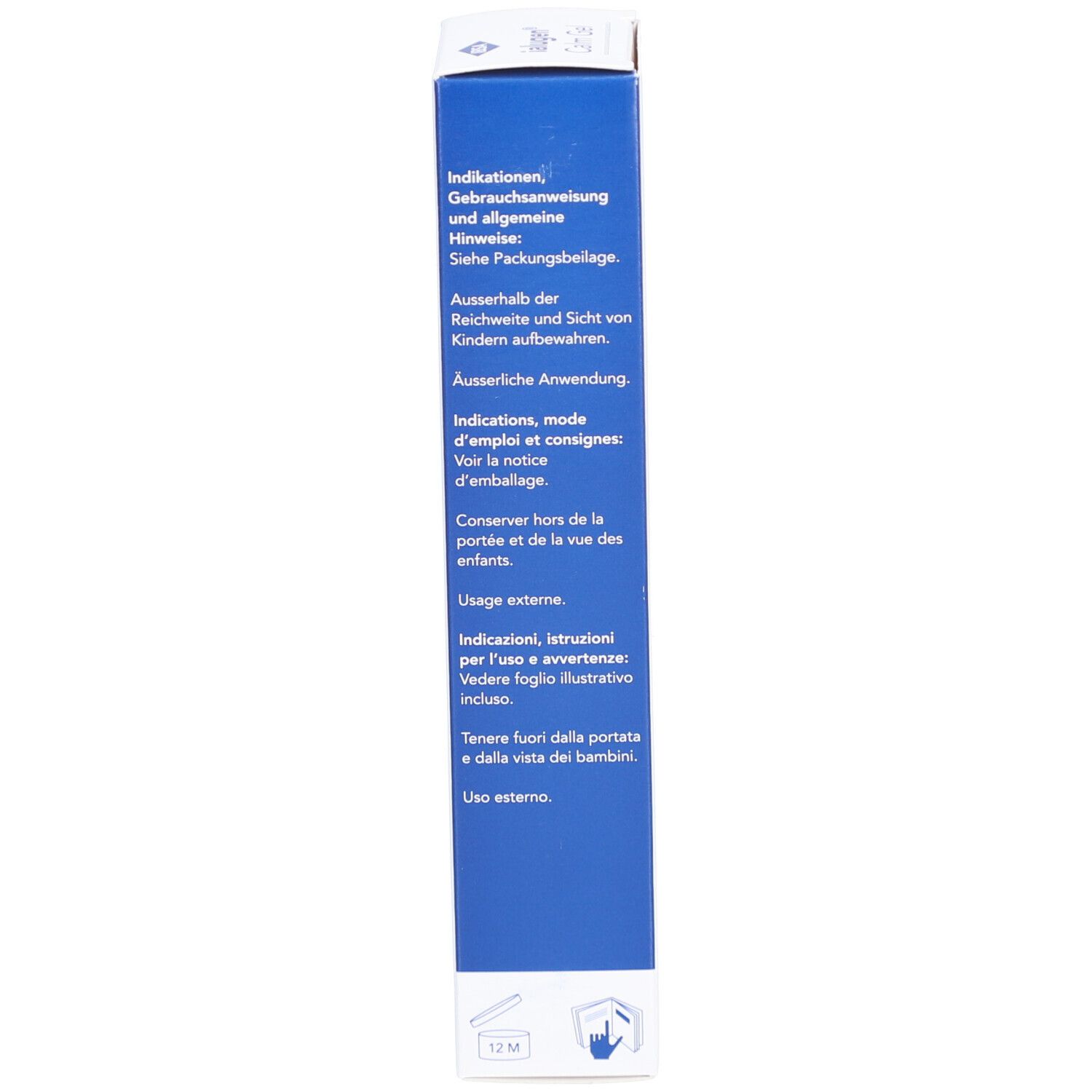 Côté de l'emballage Ialugen Calm Gel. Texte en allemand, français et italien. Symbole 12M.