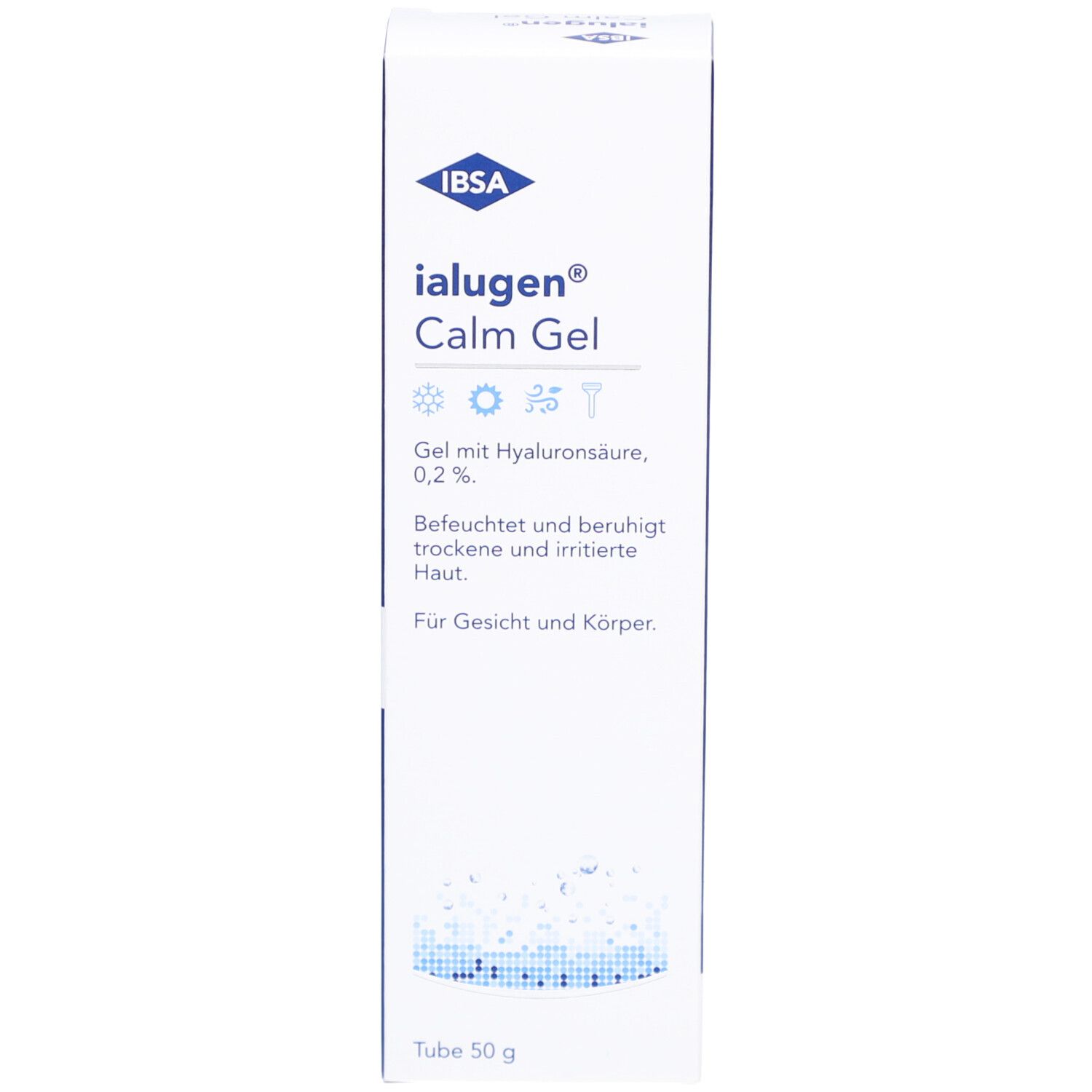 Emballage Ialugen Calm Gel. Blanc et bleu. Contient de l'acide hyaluronique. 50g. Logo IBSA.