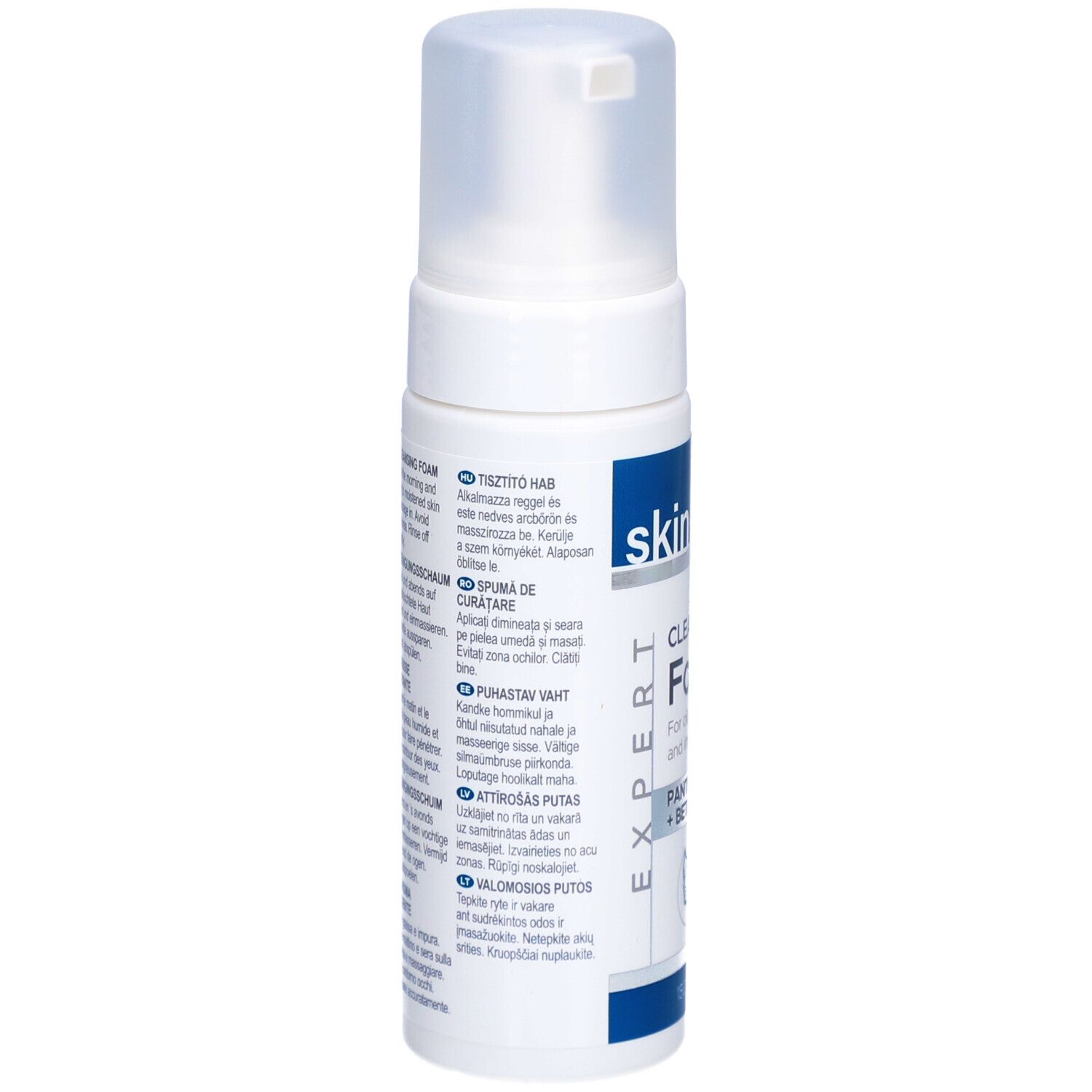 Dos du flacon blanc «skineffect» et «Cleansing Foam». Texte multilingue. Pour peaux grasses et impures.