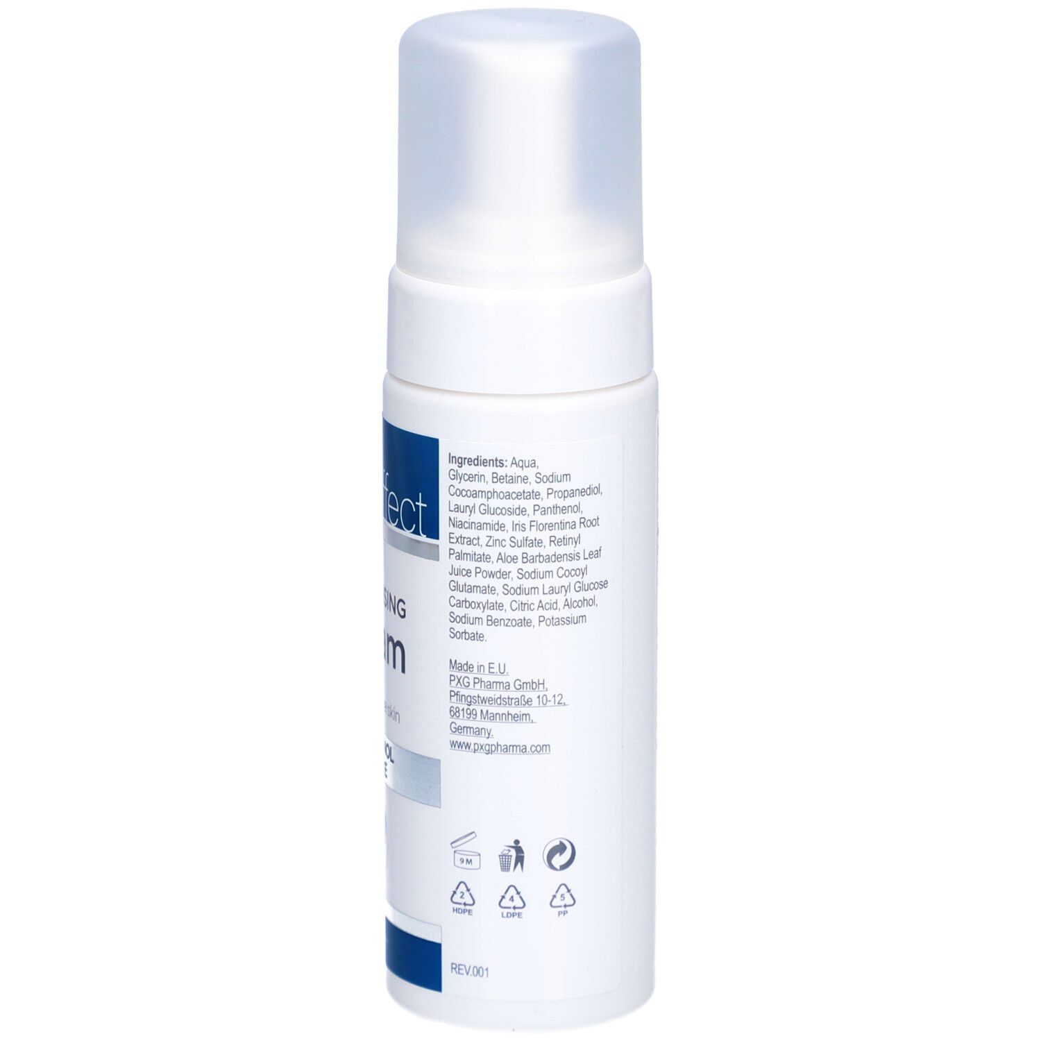 Flacon blanc «skineffect» et «Cleansing Foam». Liste des ingrédients. Pour peaux grasses et impures. Avec Panthénol + Bétaïne.