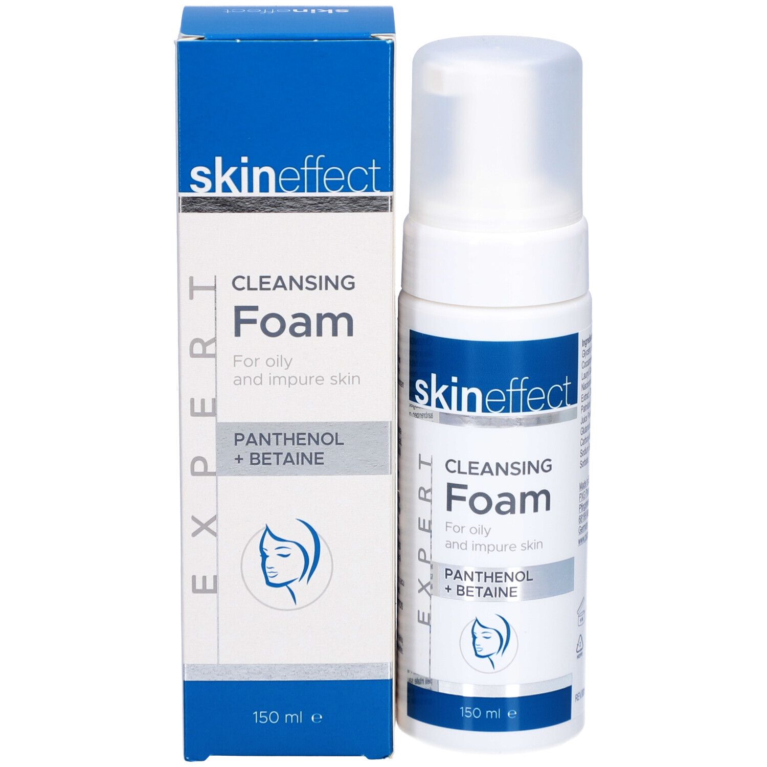 Produit et emballage. Flacon blanc «skineffect» et «Cleansing Foam». Pour peaux grasses et impures. 150 ml. Emballage bleu.