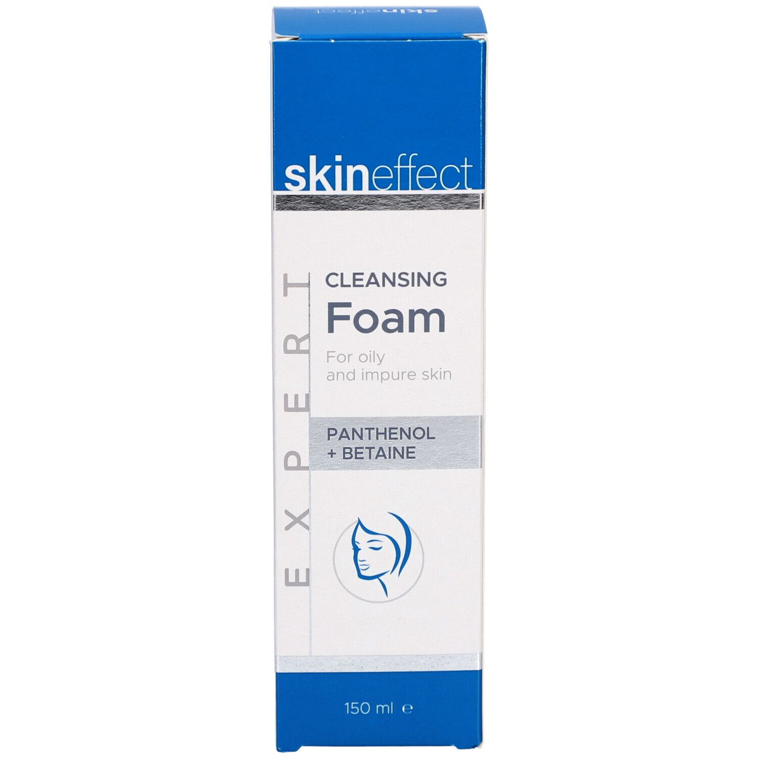 Emballage bleu avec «skineffect» et «Cleansing Foam». Pour peaux grasses et impures. Avec Panthénol + Bétaïne. 150 ml.