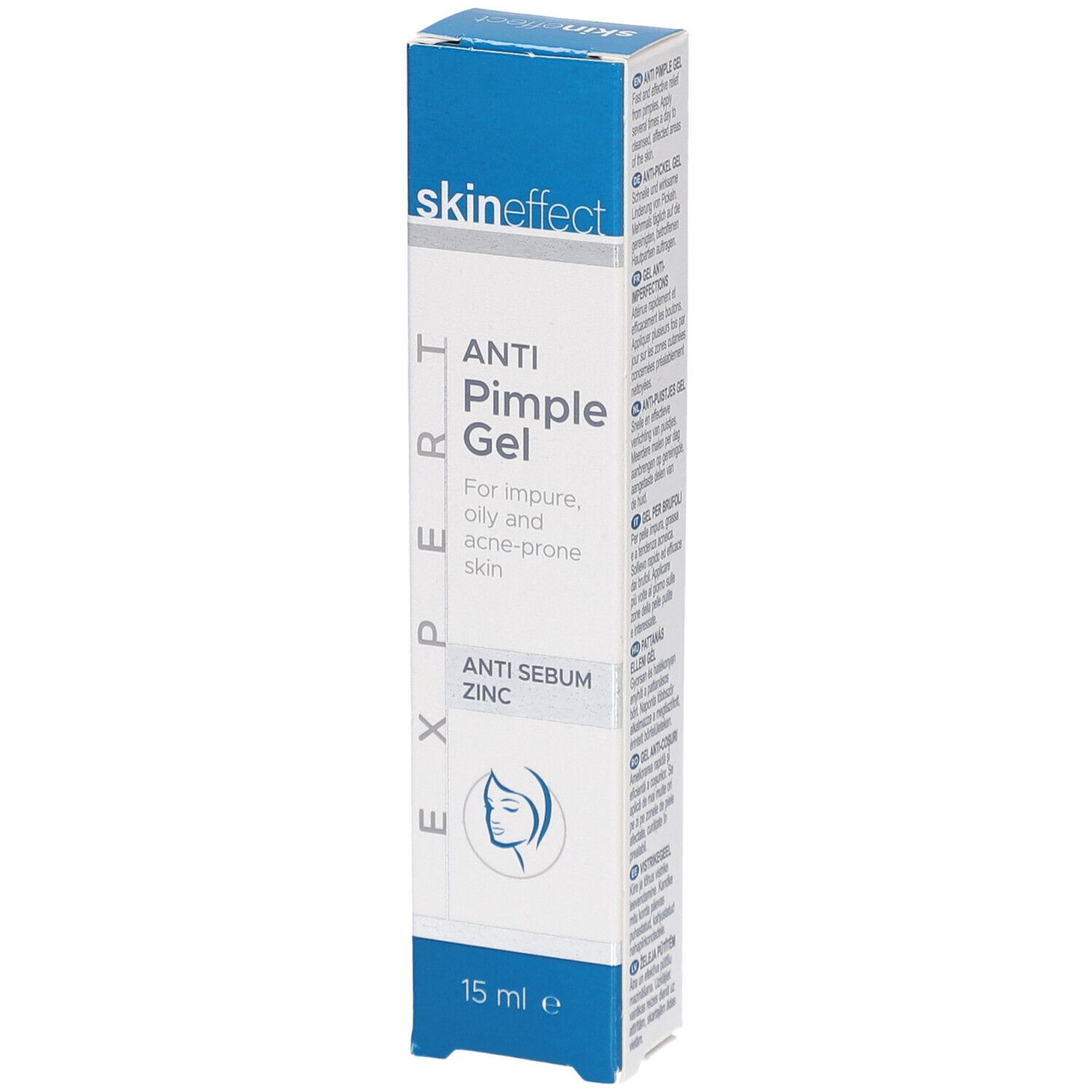 Doosje SKINEFFECT Gel Anti-Boutons. Blauw en witte verpakking. Tekst: Anti Pimple Gel, Anti Sebum Zinc, 15 ml.