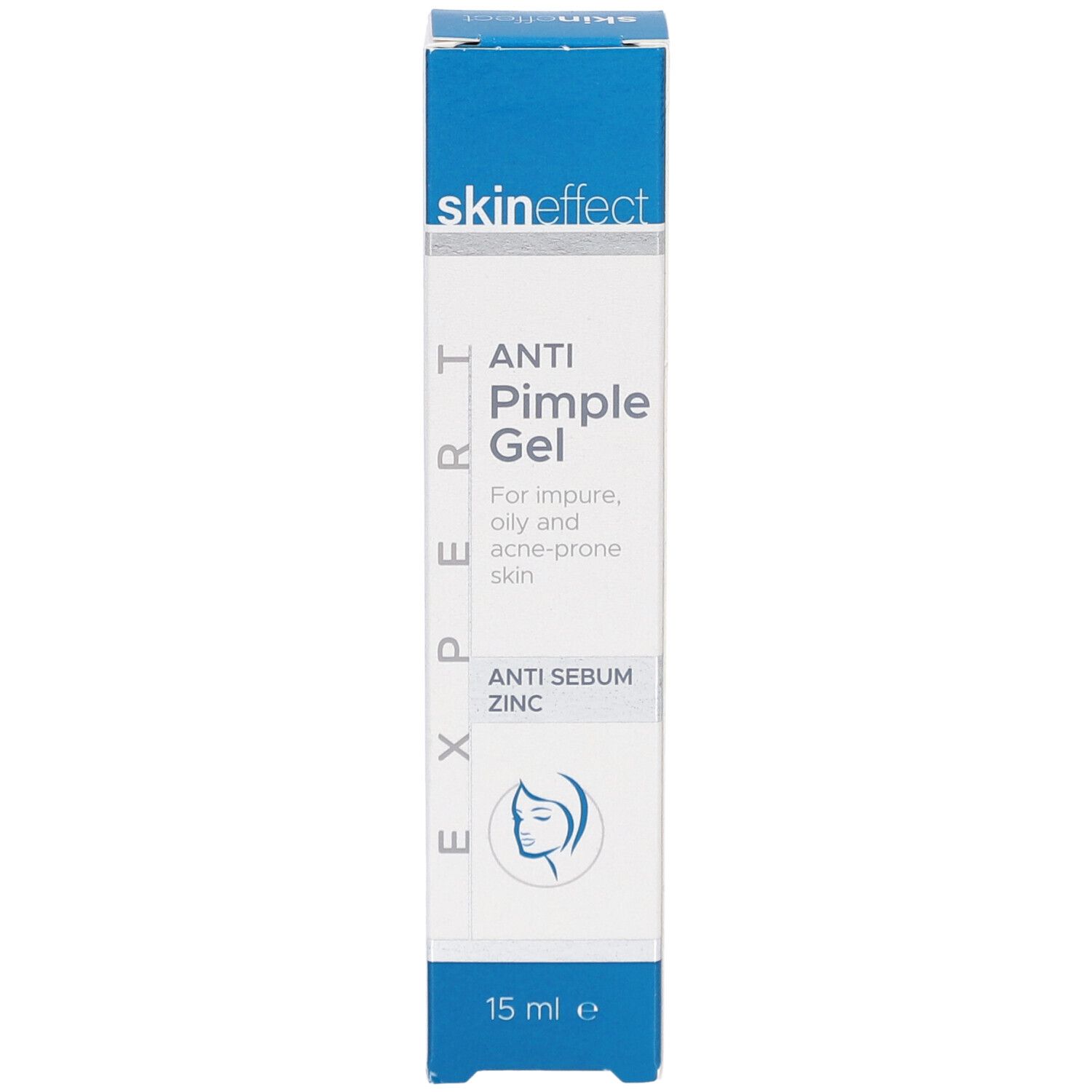 Doosje SKINEFFECT Gel Anti-Boutons. Blauw en witte verpakking. Tekst: Anti Pimple Gel, Anti Sebum Zinc, 15 ml.