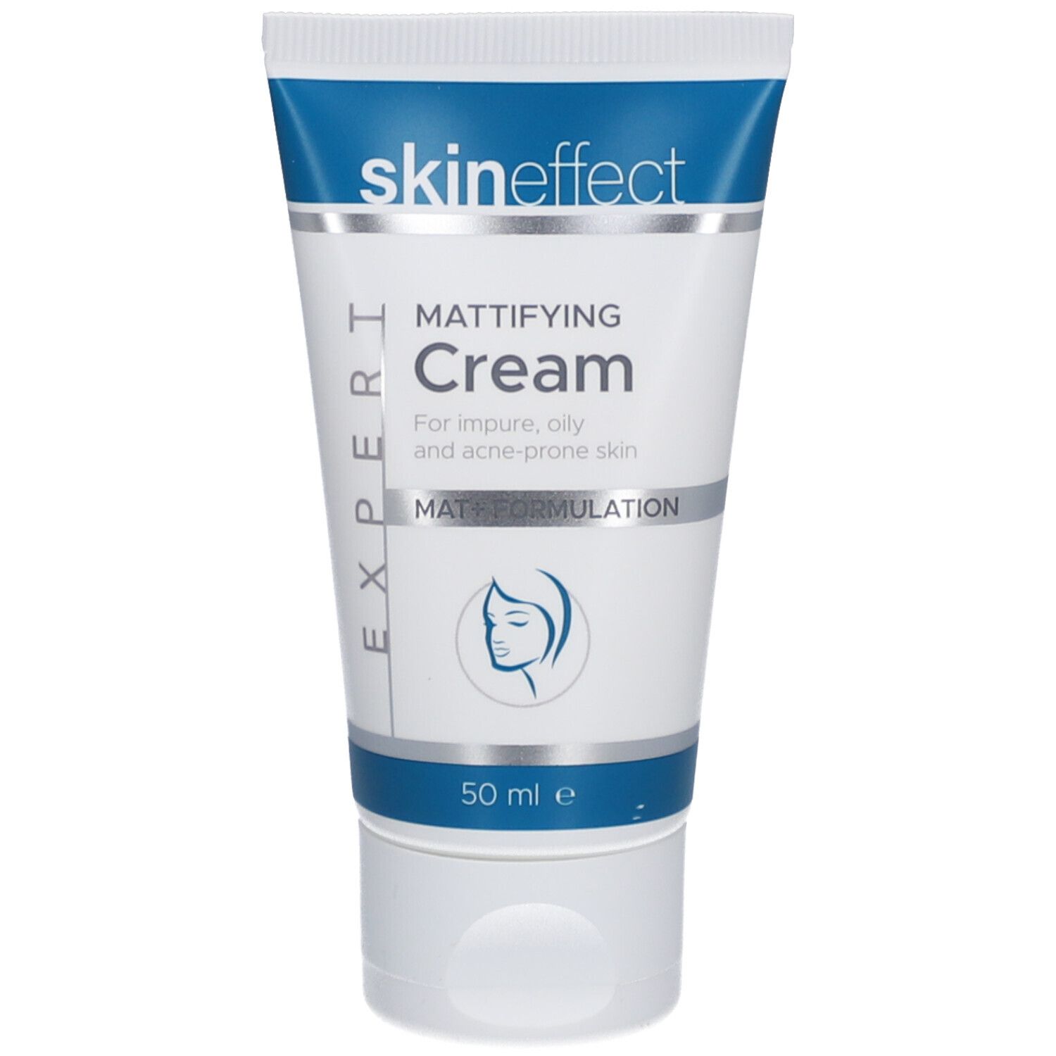 Tube de "skineffect Mattifying Cream". Tube blanc, bouchon bleu, texte en bleu et argent. 50 ml.
