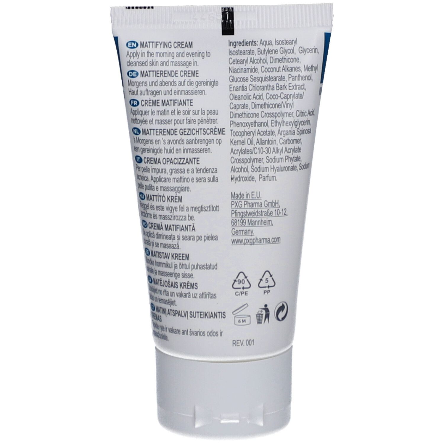 Dos du tube "Mattifying Cream". Ingrédients, informations fabricant et symboles de recyclage.